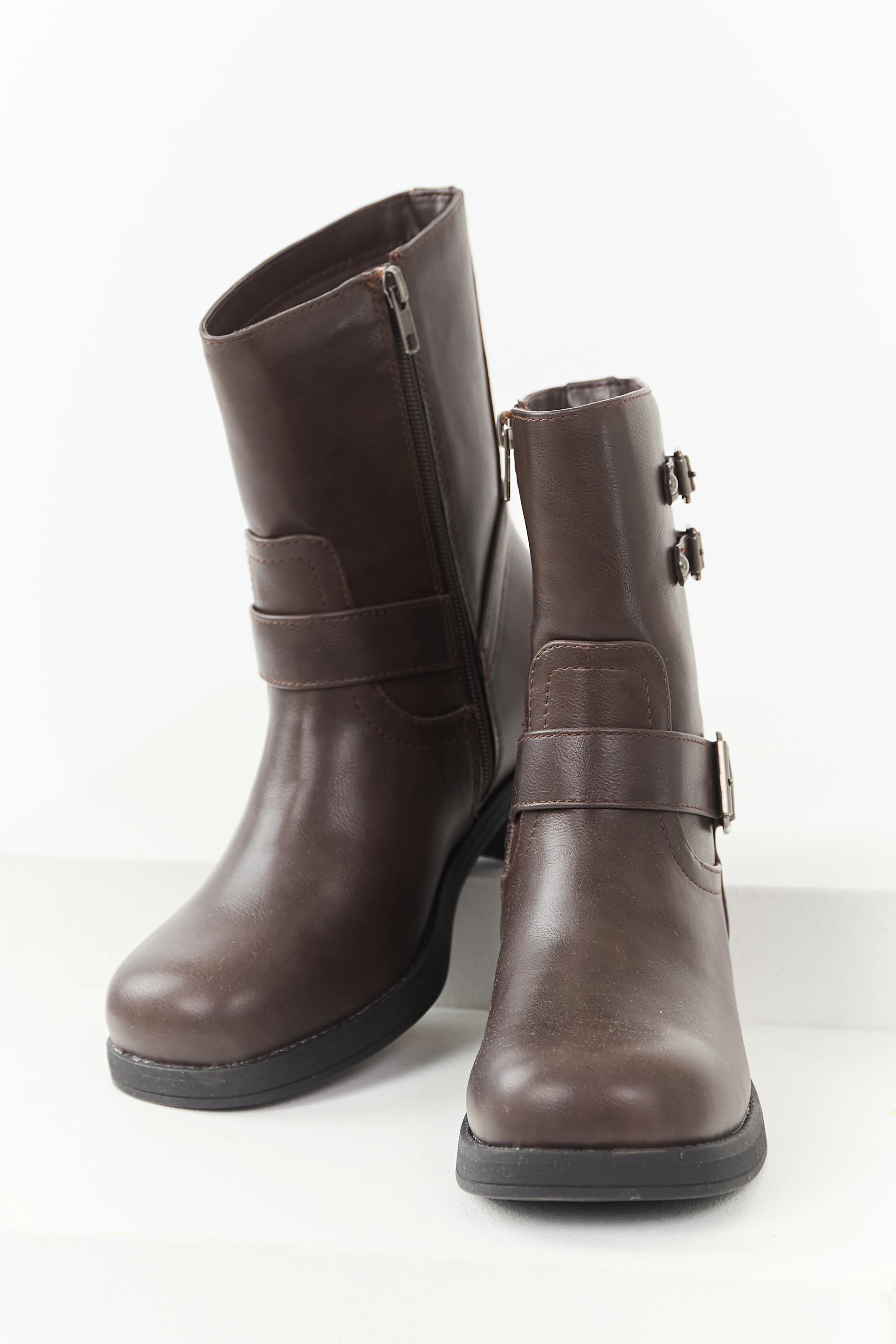 Chocolate Faux Leather Buckle Detail Block Heel Boots - Image 2