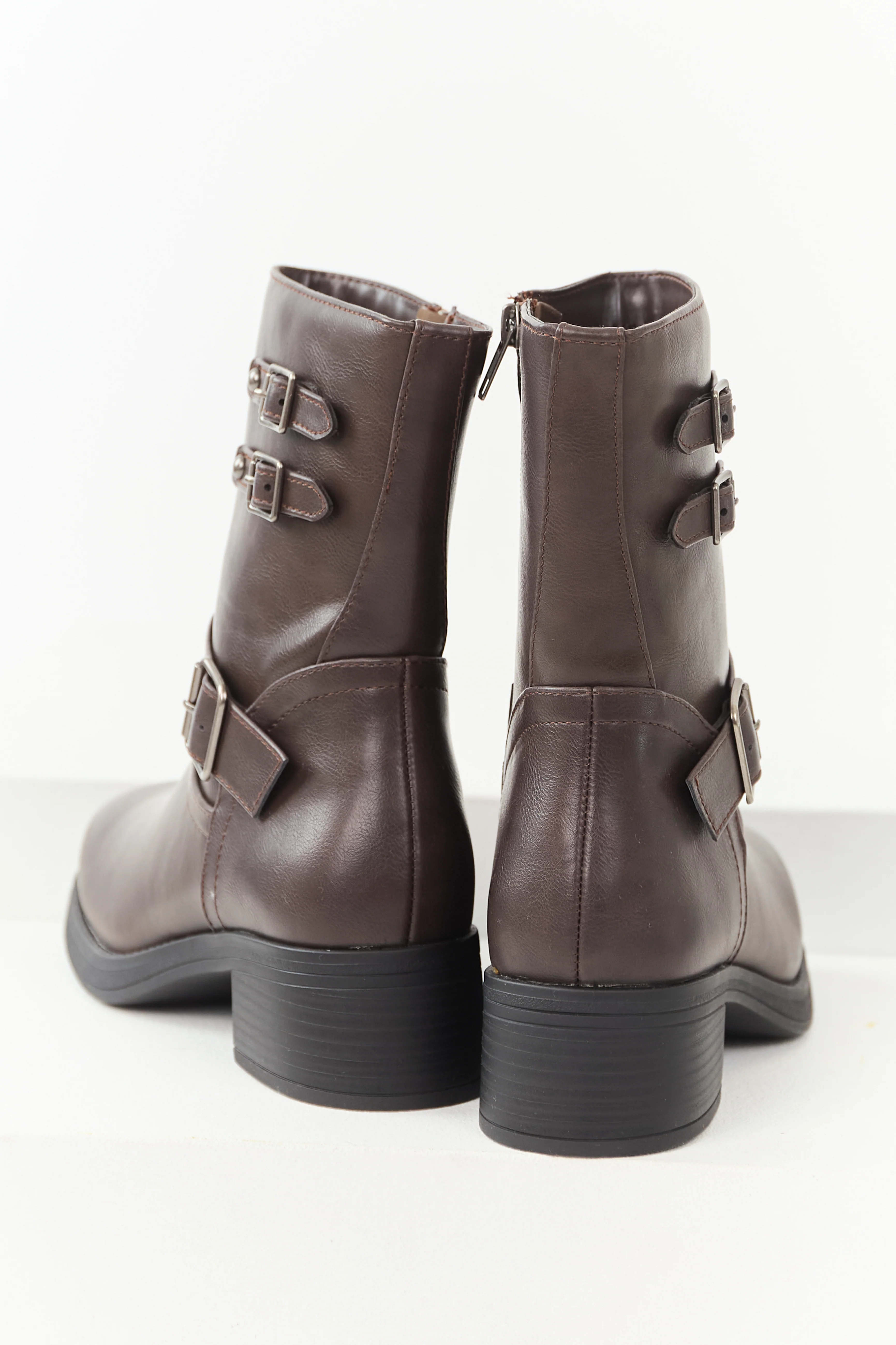 Chocolate Faux Leather Buckle Detail Block Heel Boots - Image 3