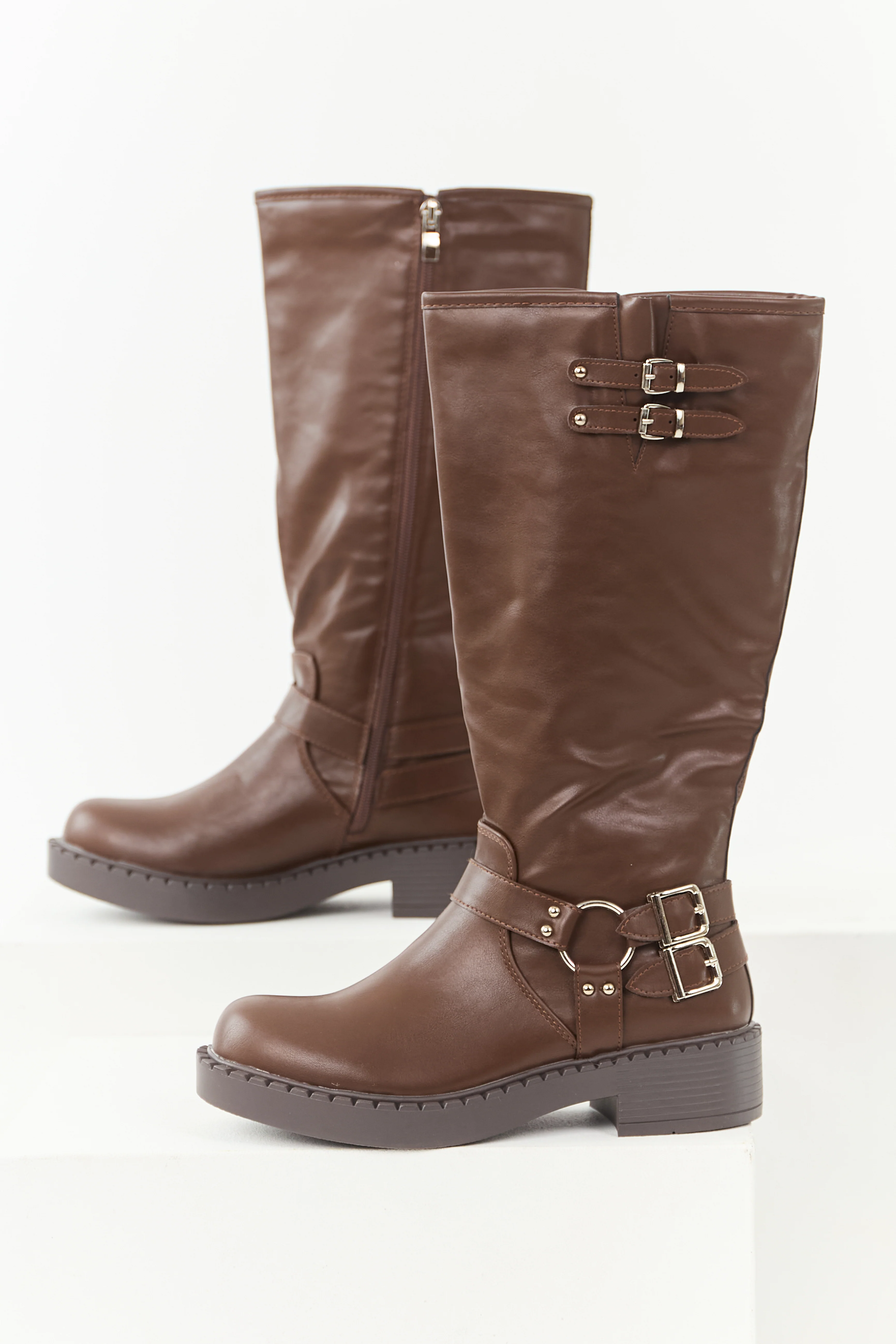 Chocolate Faux Leather Buckle Detail Tall Boots