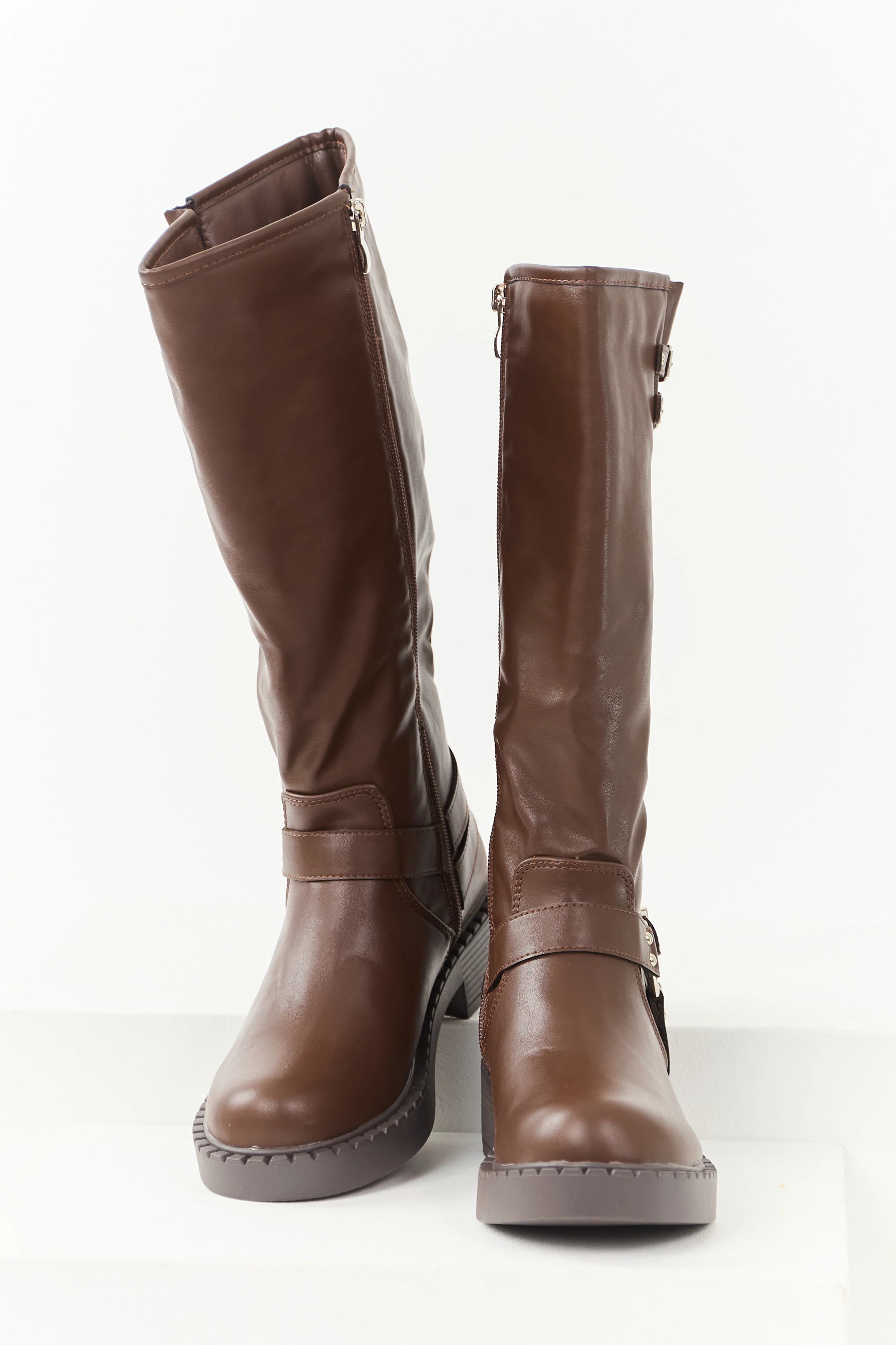 Chocolate Faux Leather Buckle Detail Tall Boots - Image 2