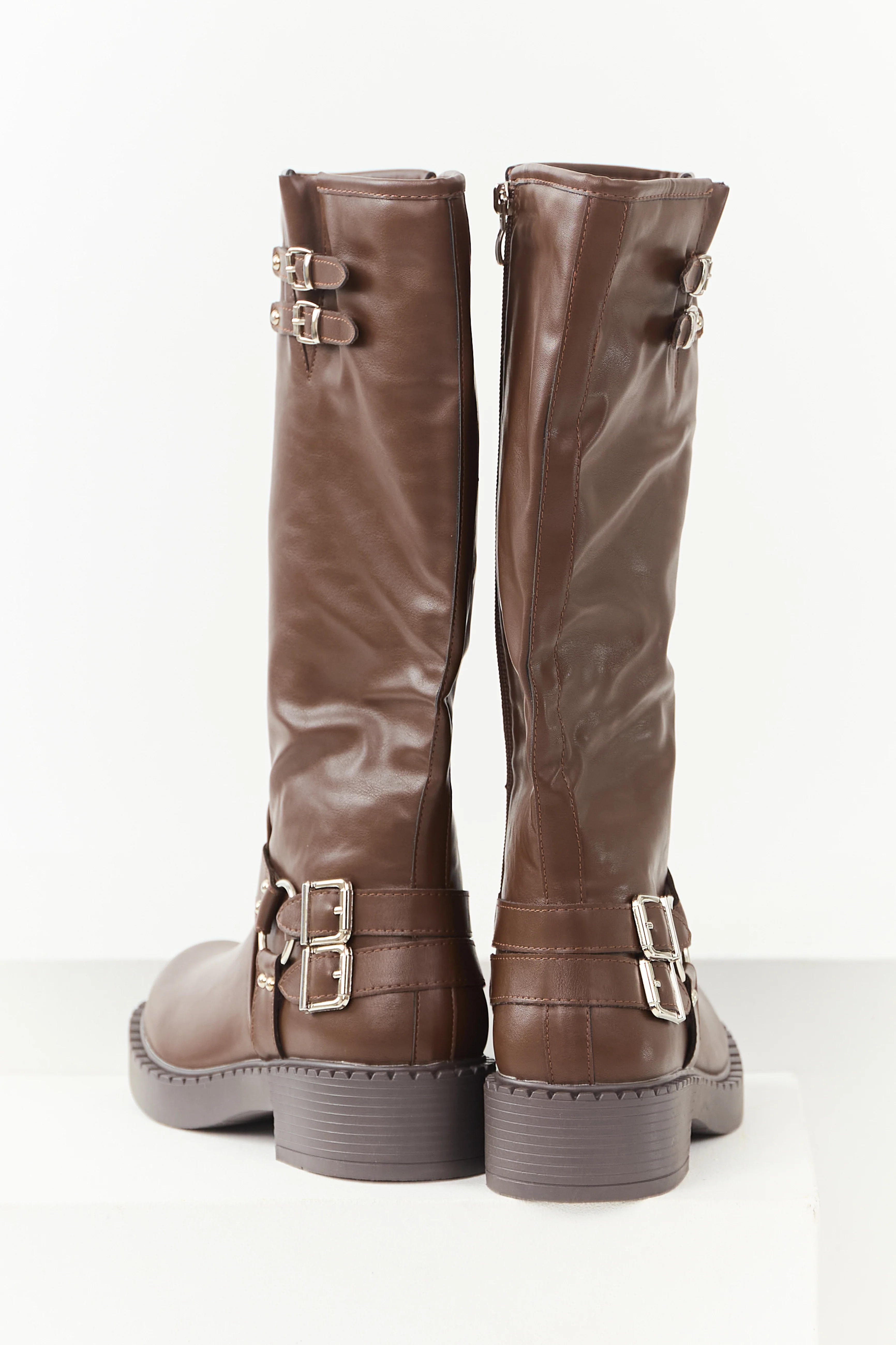 Chocolate Faux Leather Buckle Detail Tall Boots - Image 3