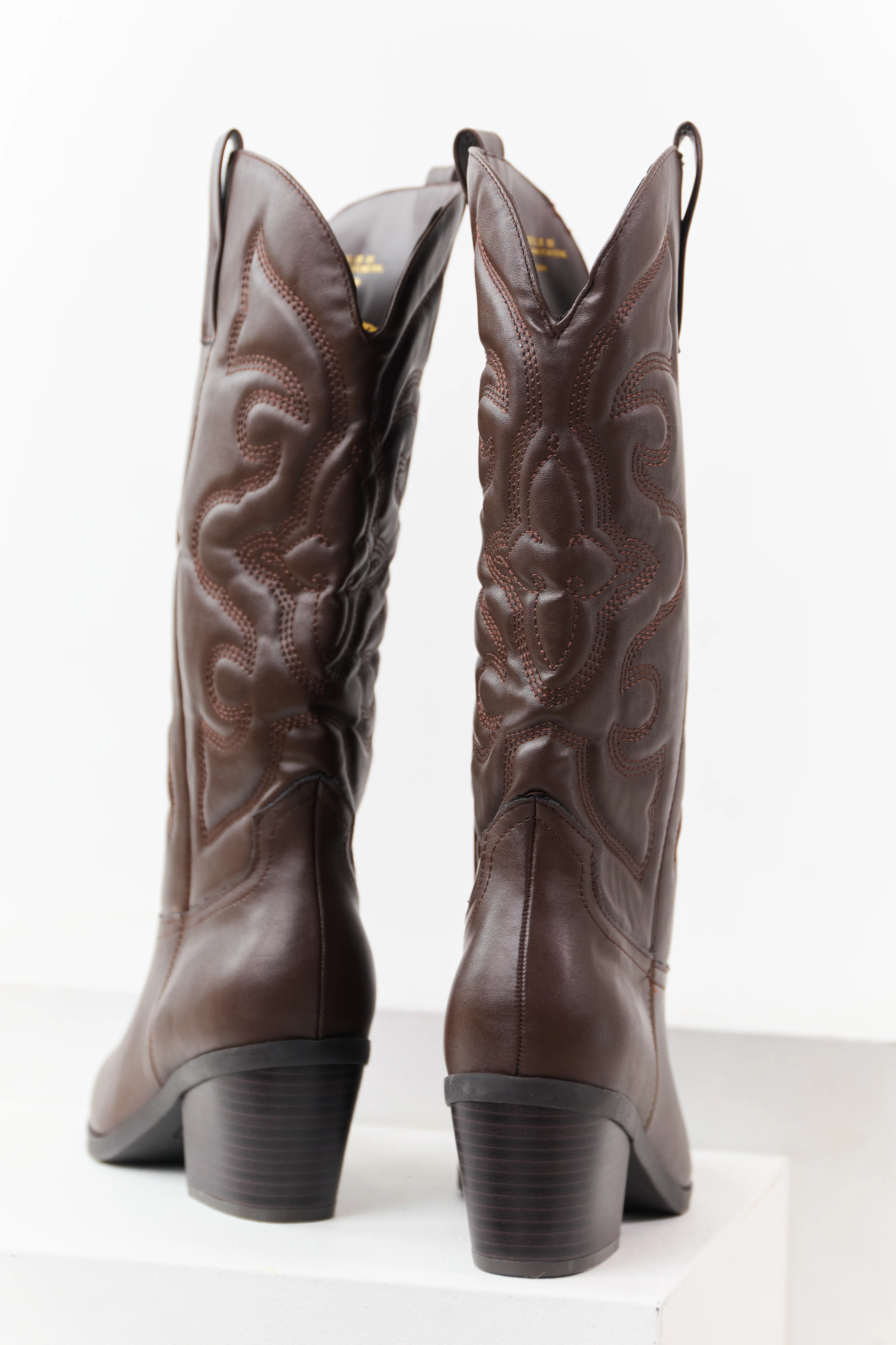 Chocolate Faux Leather Embroidered Cowboy Boots - Image 3