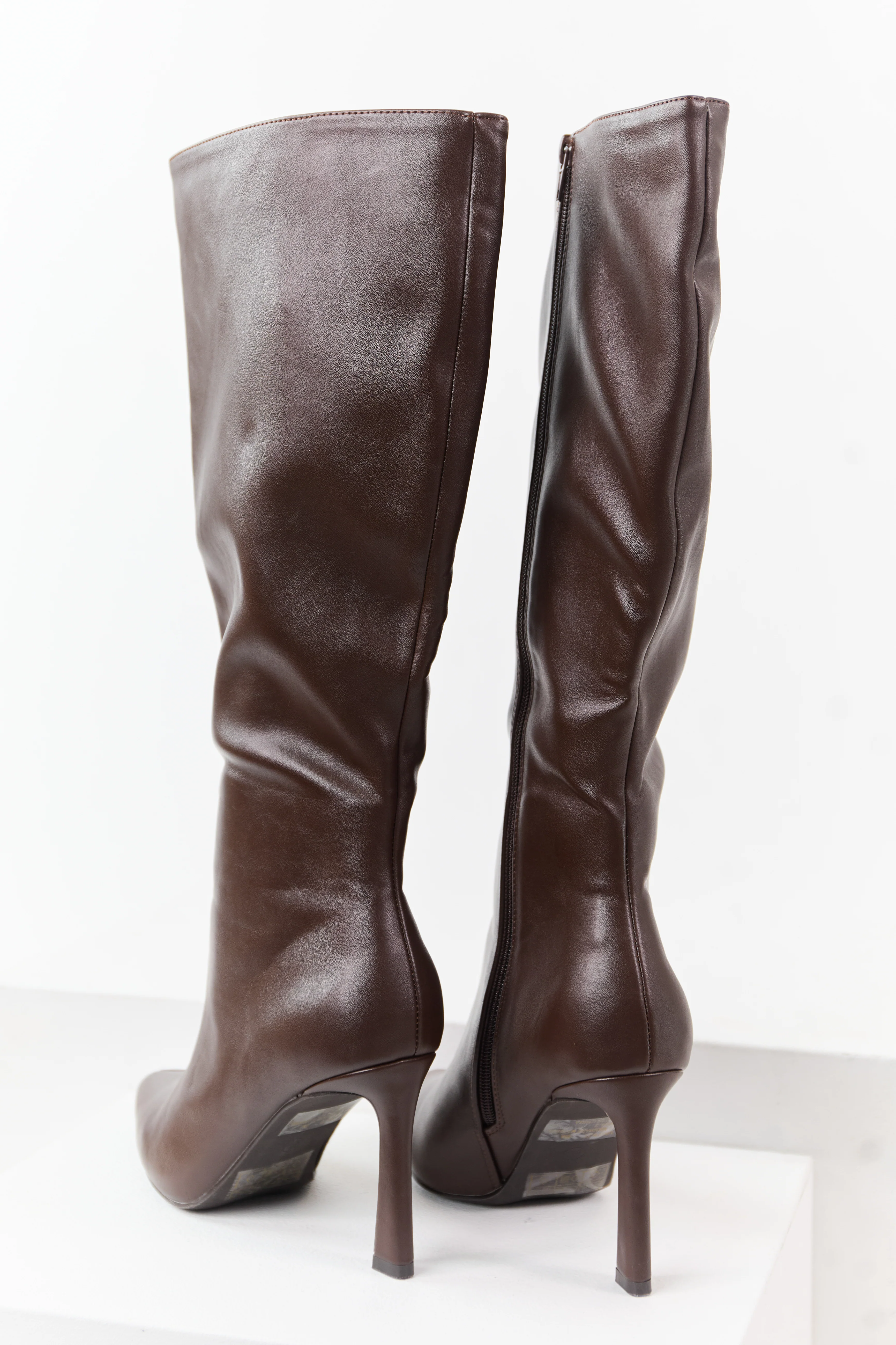 Chocolate Faux Leather High Heel Tall Boots - Image 3