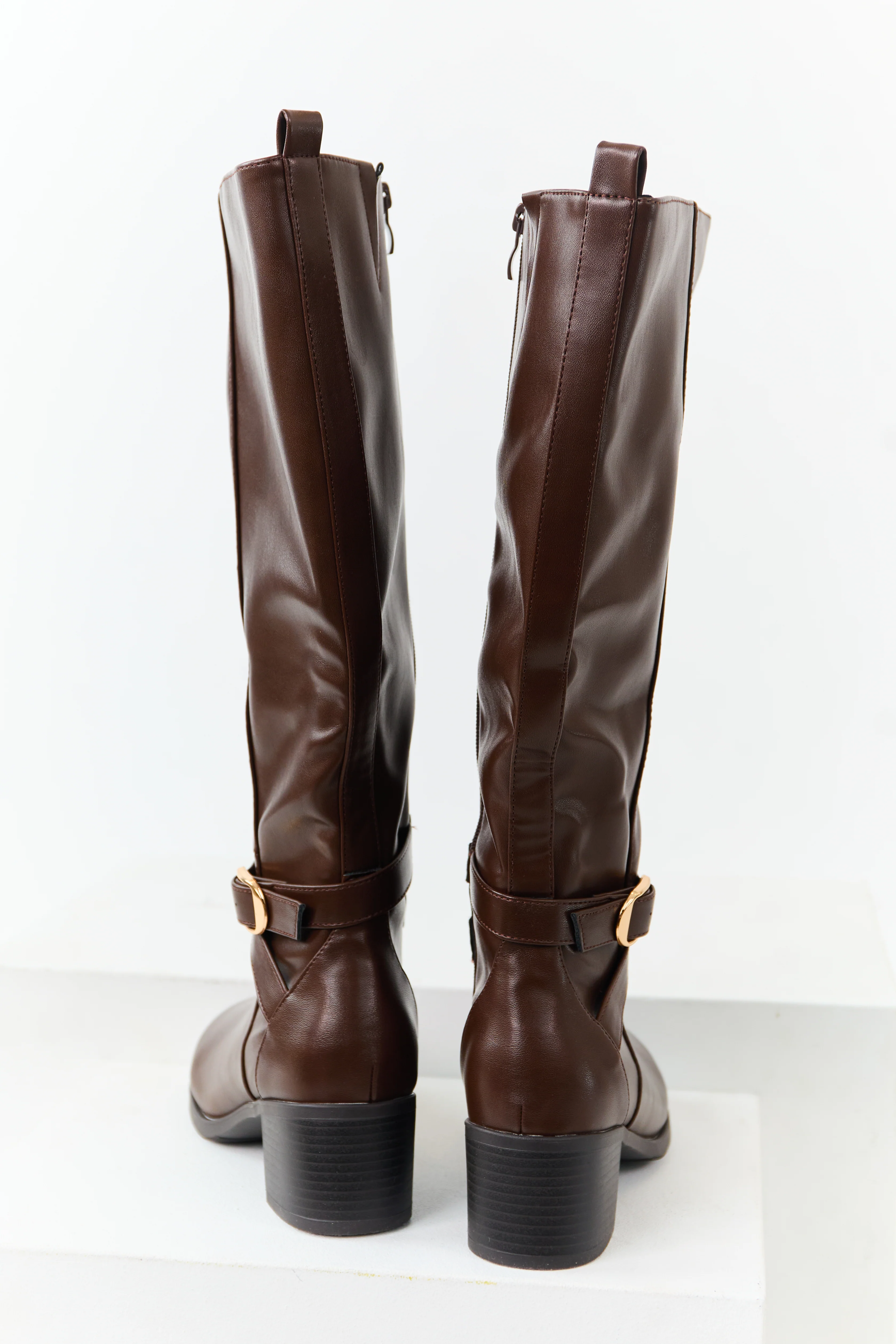 Chocolate Faux Leather Knee High Block Heel Boots - Image 3