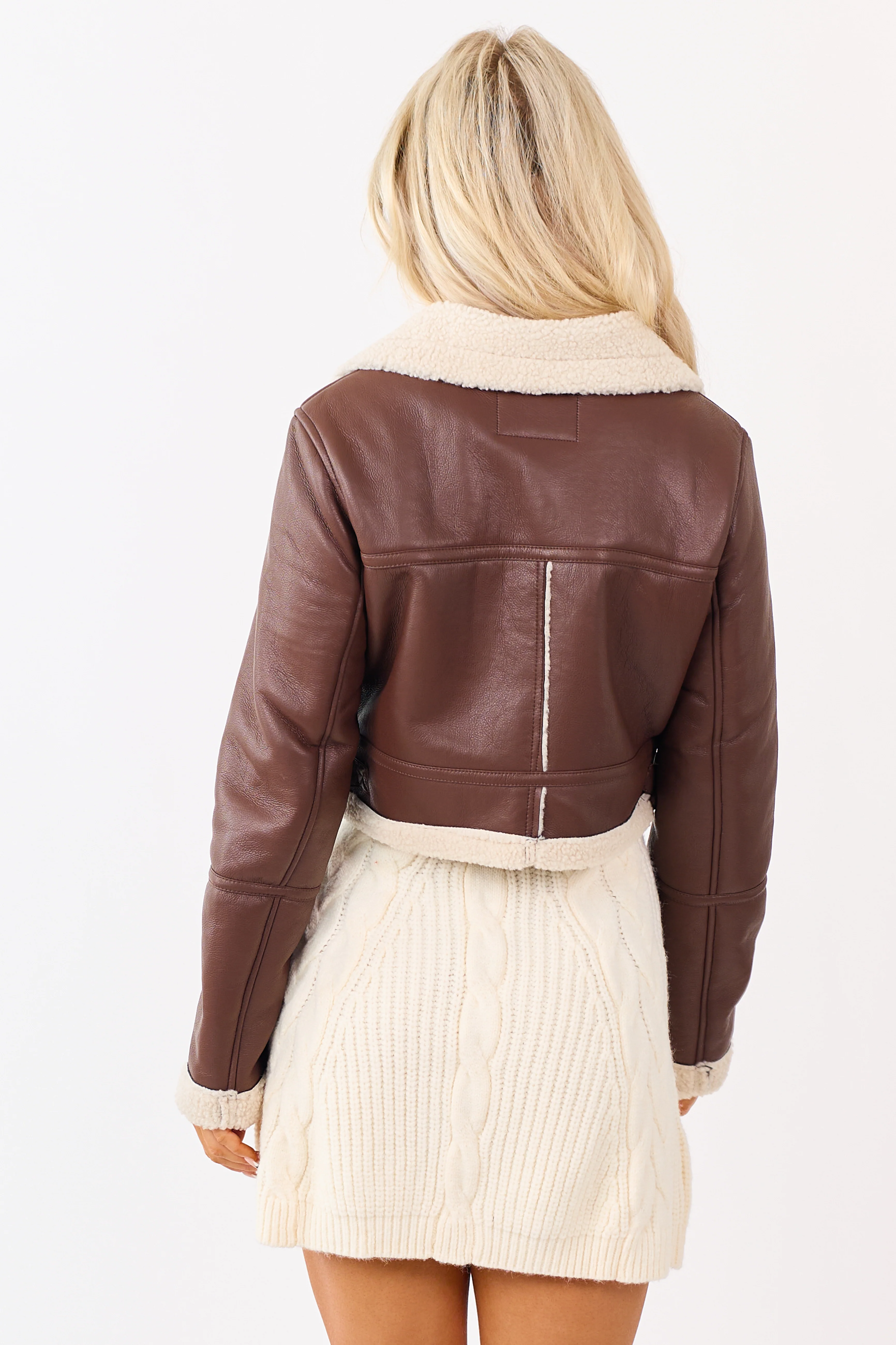Chocolate Faux Leather Sherpa Lined Jacket - Image 5