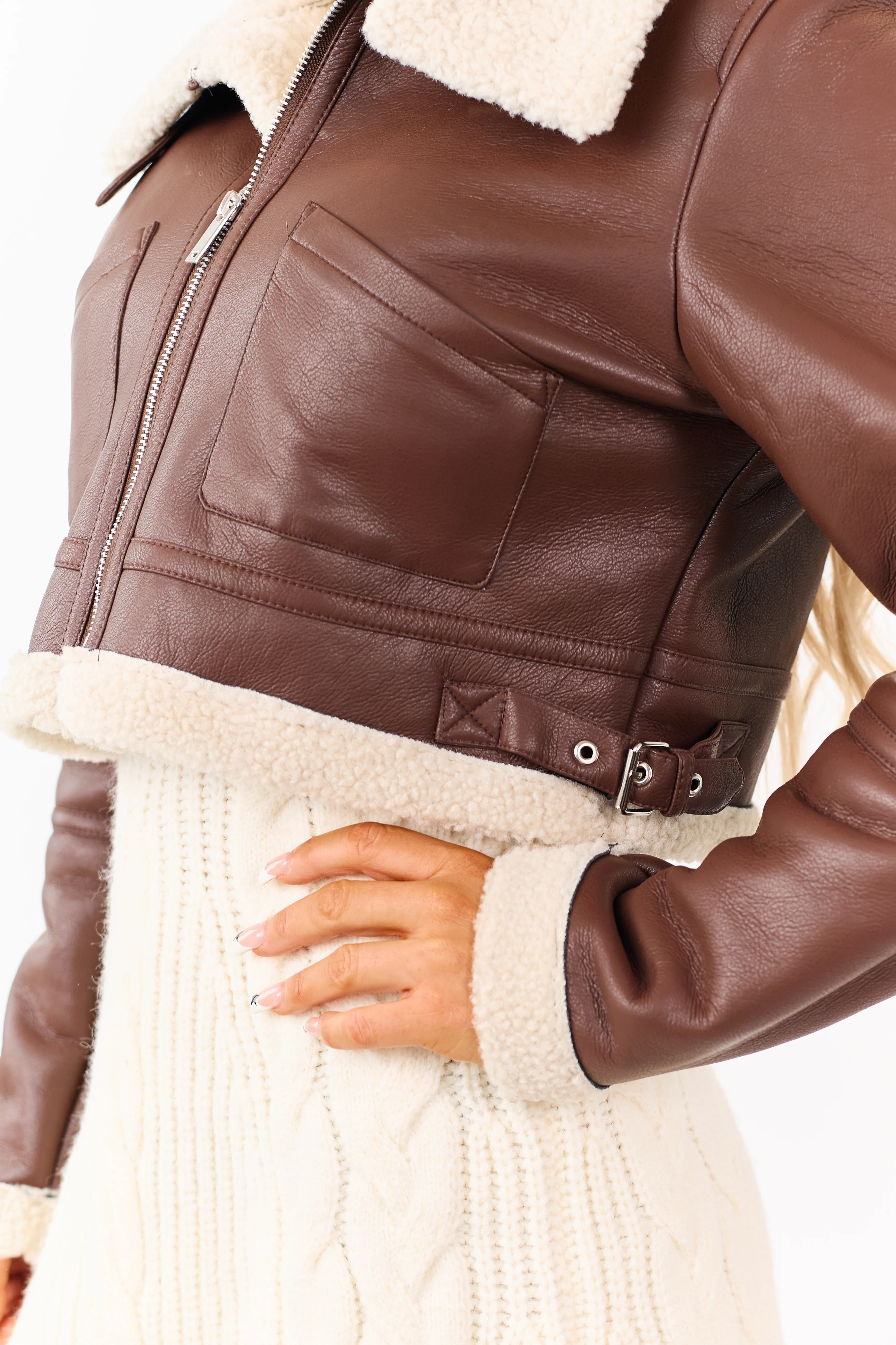 Chocolate Faux Leather Sherpa Lined Jacket - Image 6