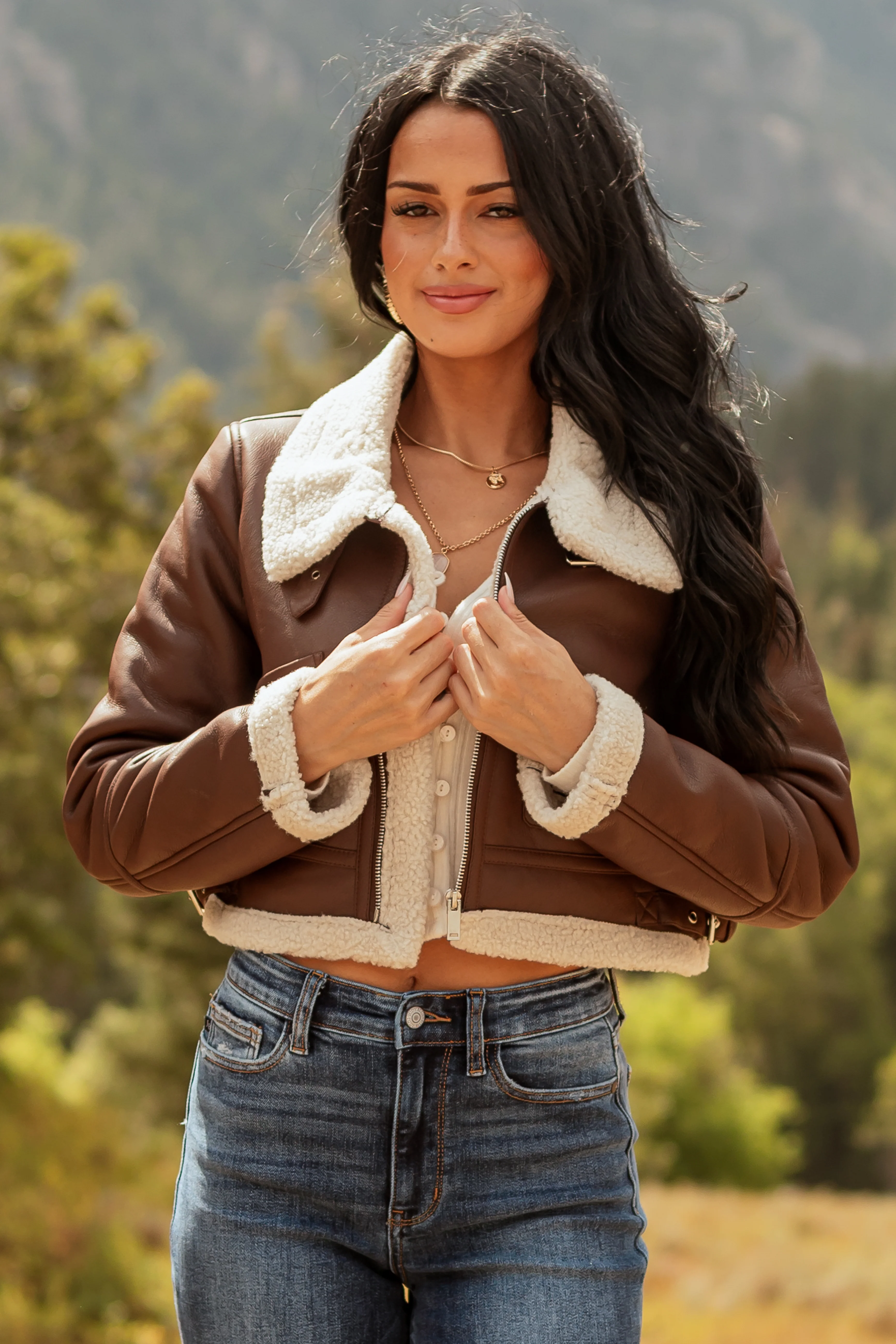 Chocolate Faux Leather Sherpa Lined Jacket - Image 7