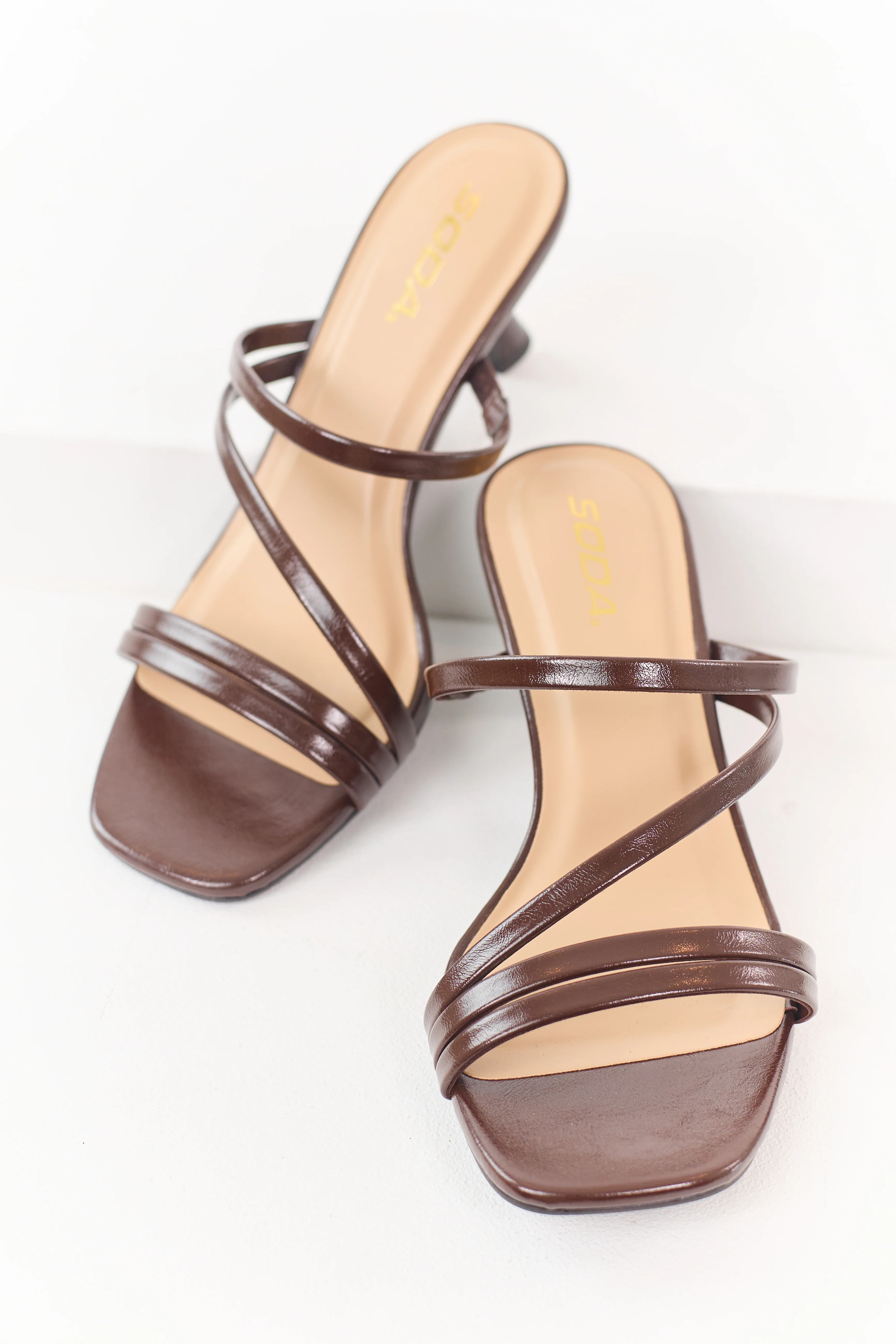 Chocolate Faux Leather Strappy Open Toed Heels - Image 2