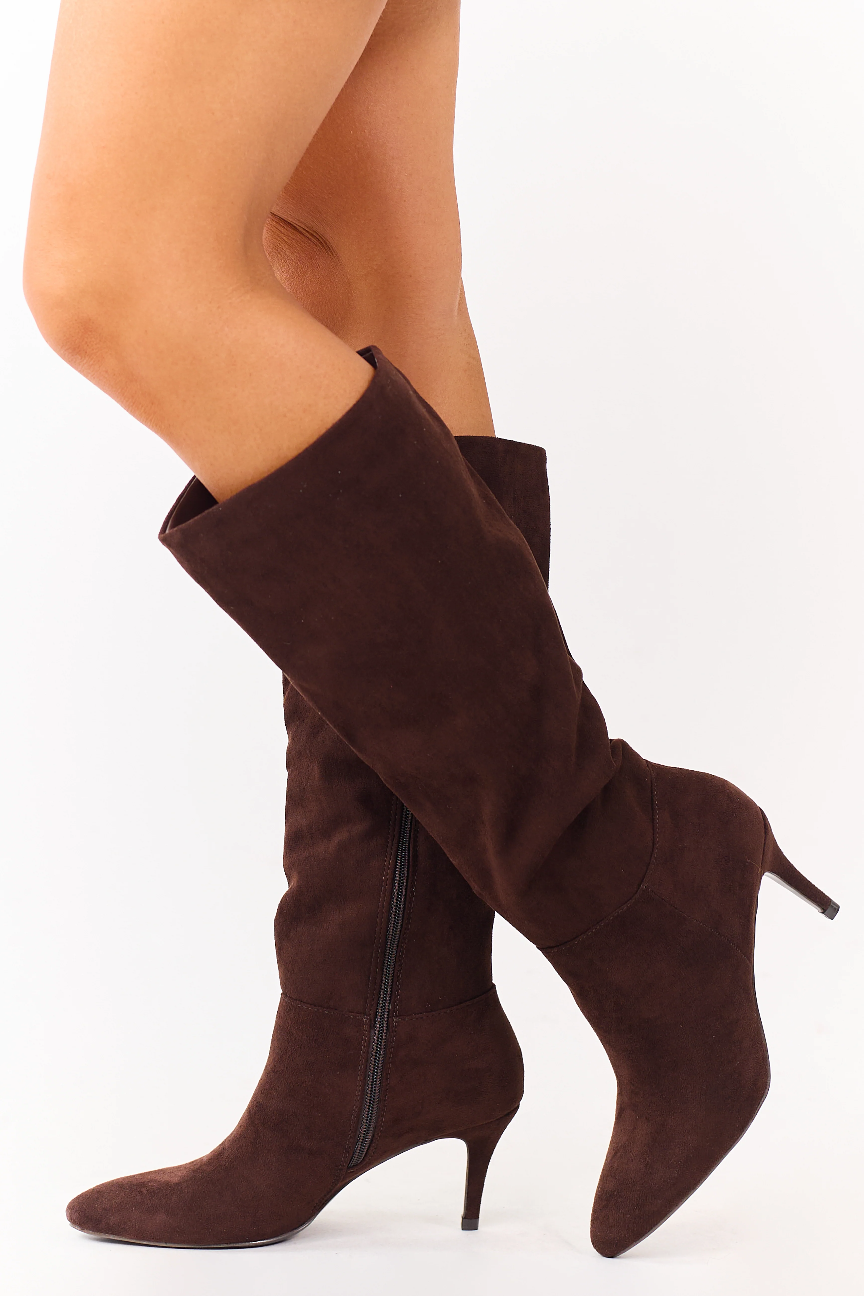 Chocolate Faux Suede Kitten Heel Tall Boots - Image 5
