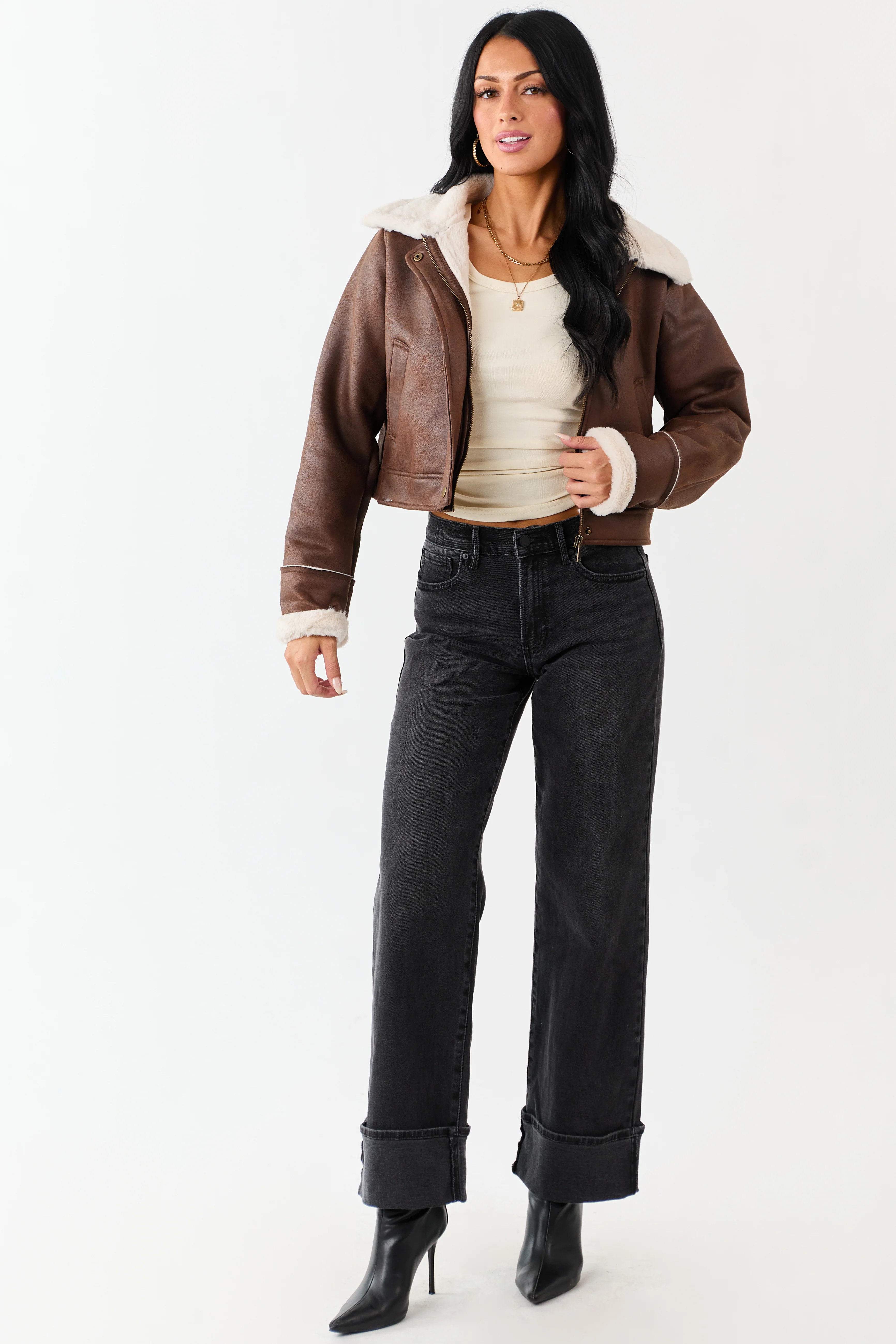 Chocolate Faux Suede Zip Up Faux Fur Lined Jacket - Image 4