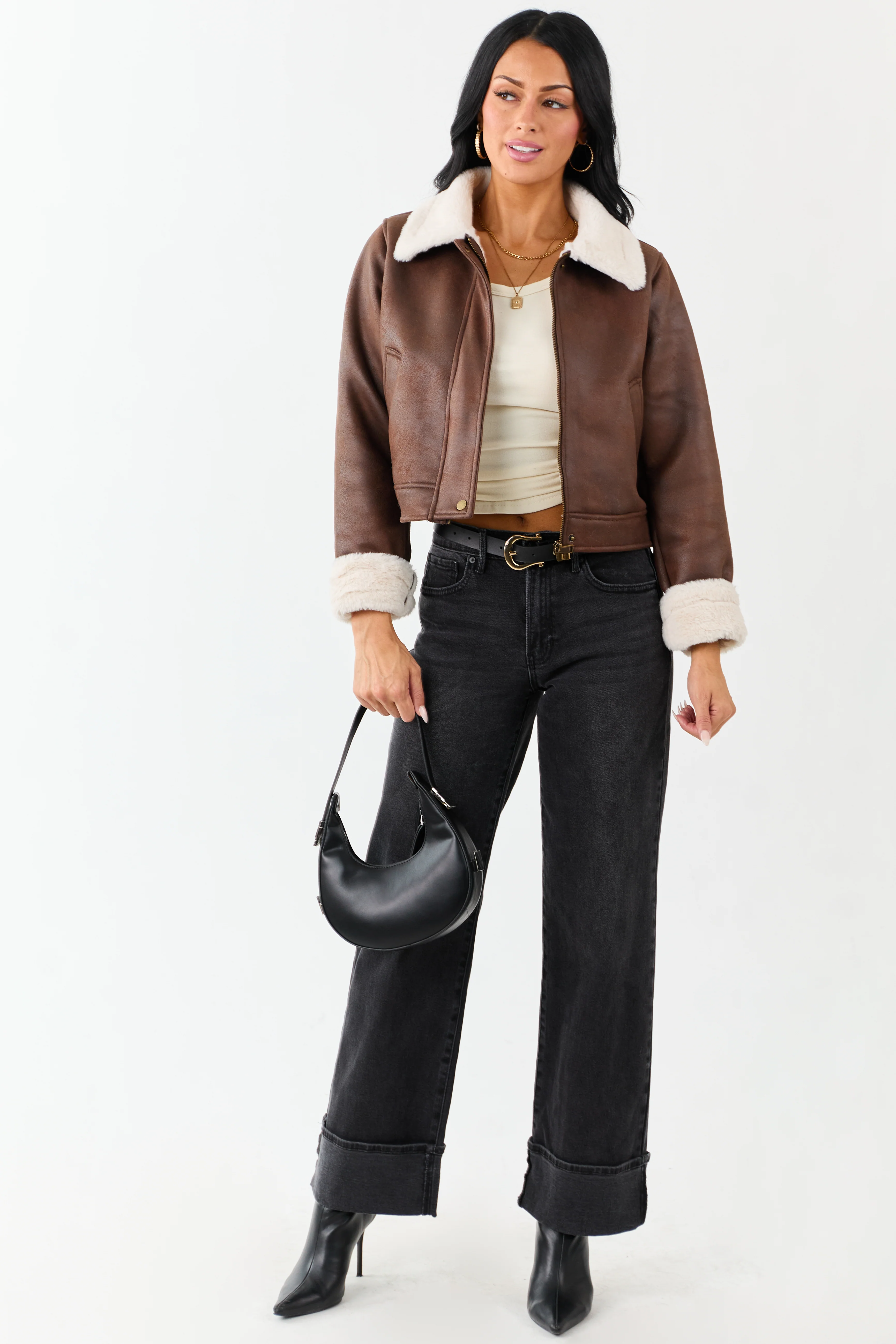 Chocolate Faux Suede Zip Up Faux Fur Lined Jacket - Image 5