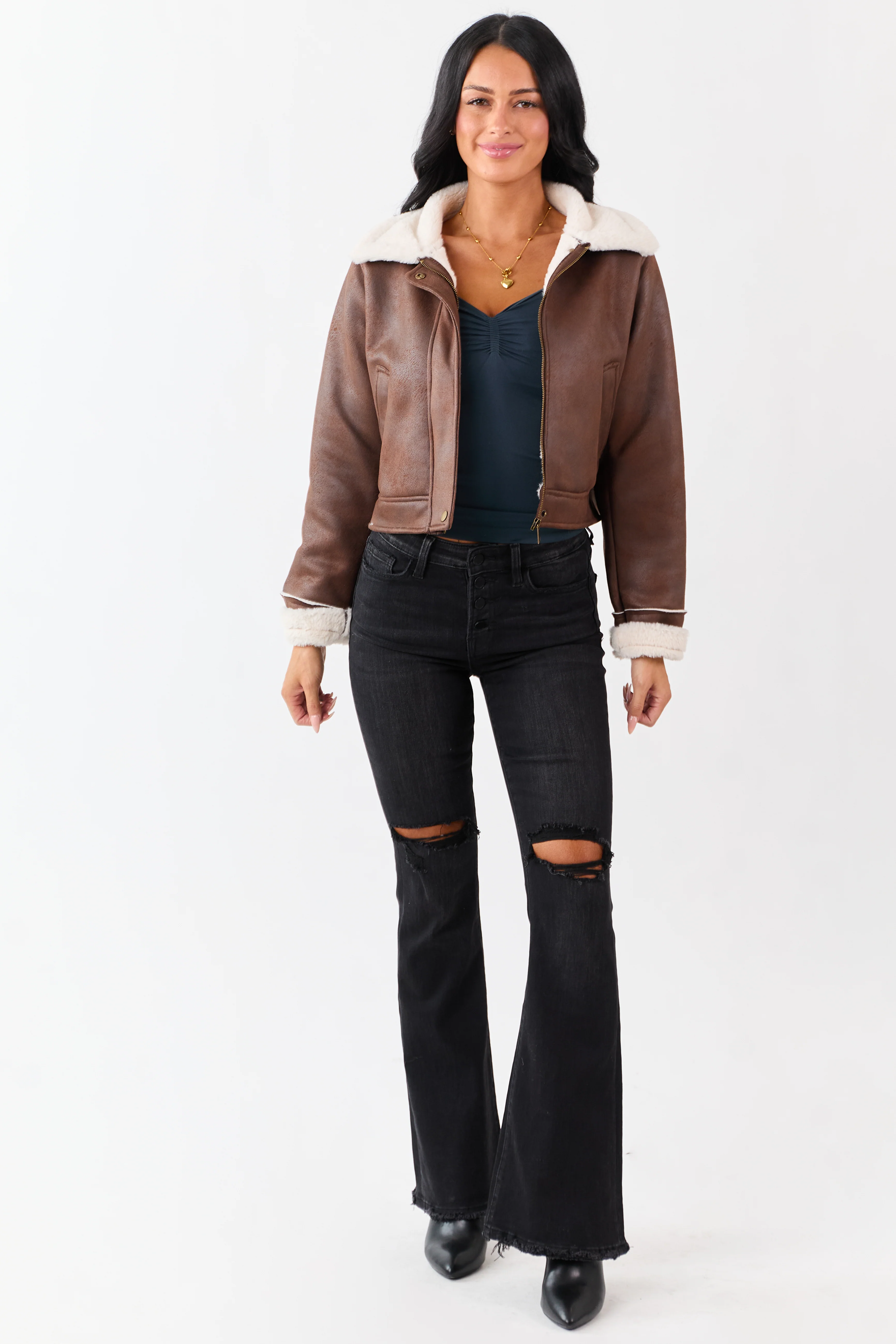 Chocolate Faux Suede Zip Up Faux Fur Lined Jacket - Image 7