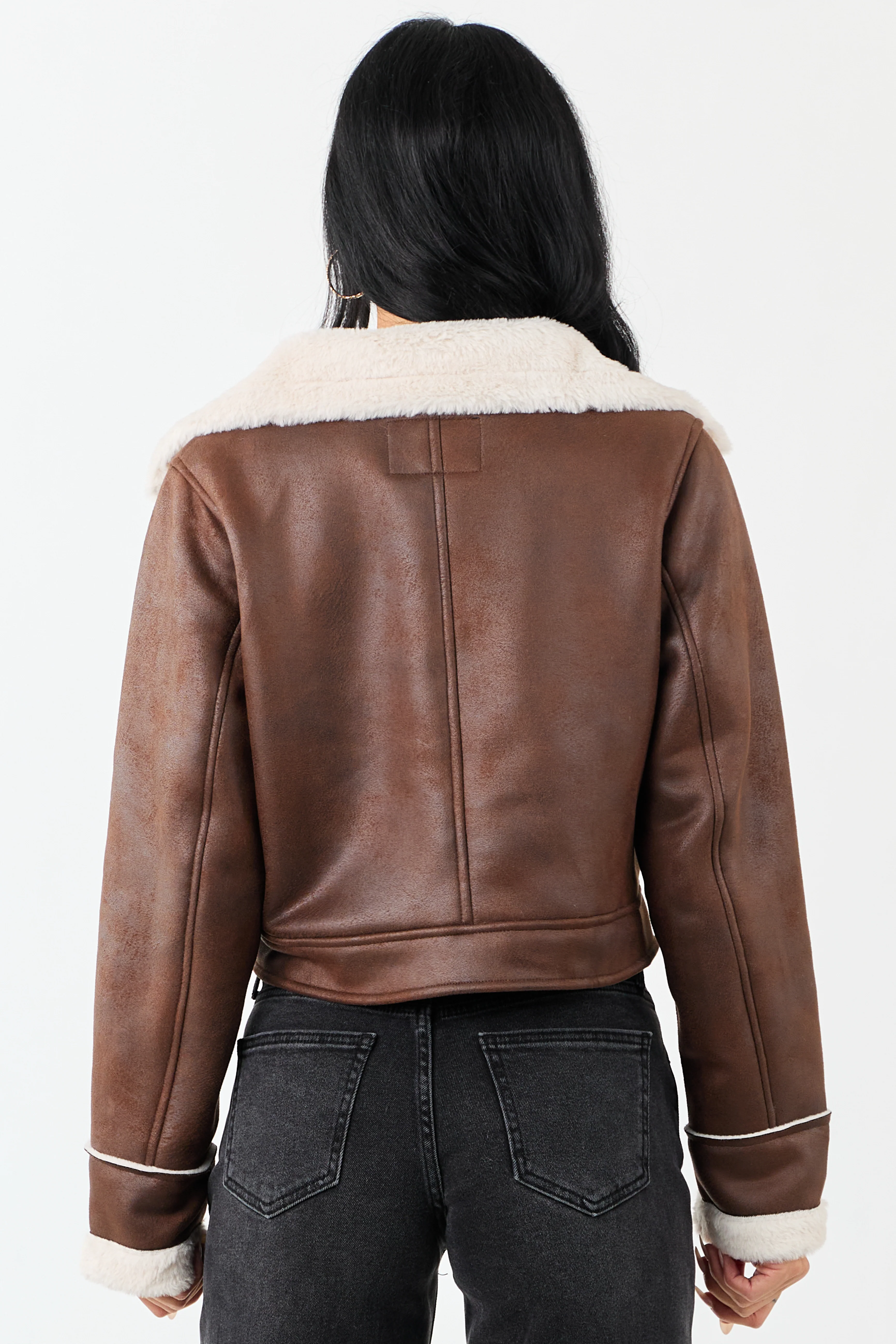 Chocolate Faux Suede Zip Up Faux Fur Lined Jacket - Image 9