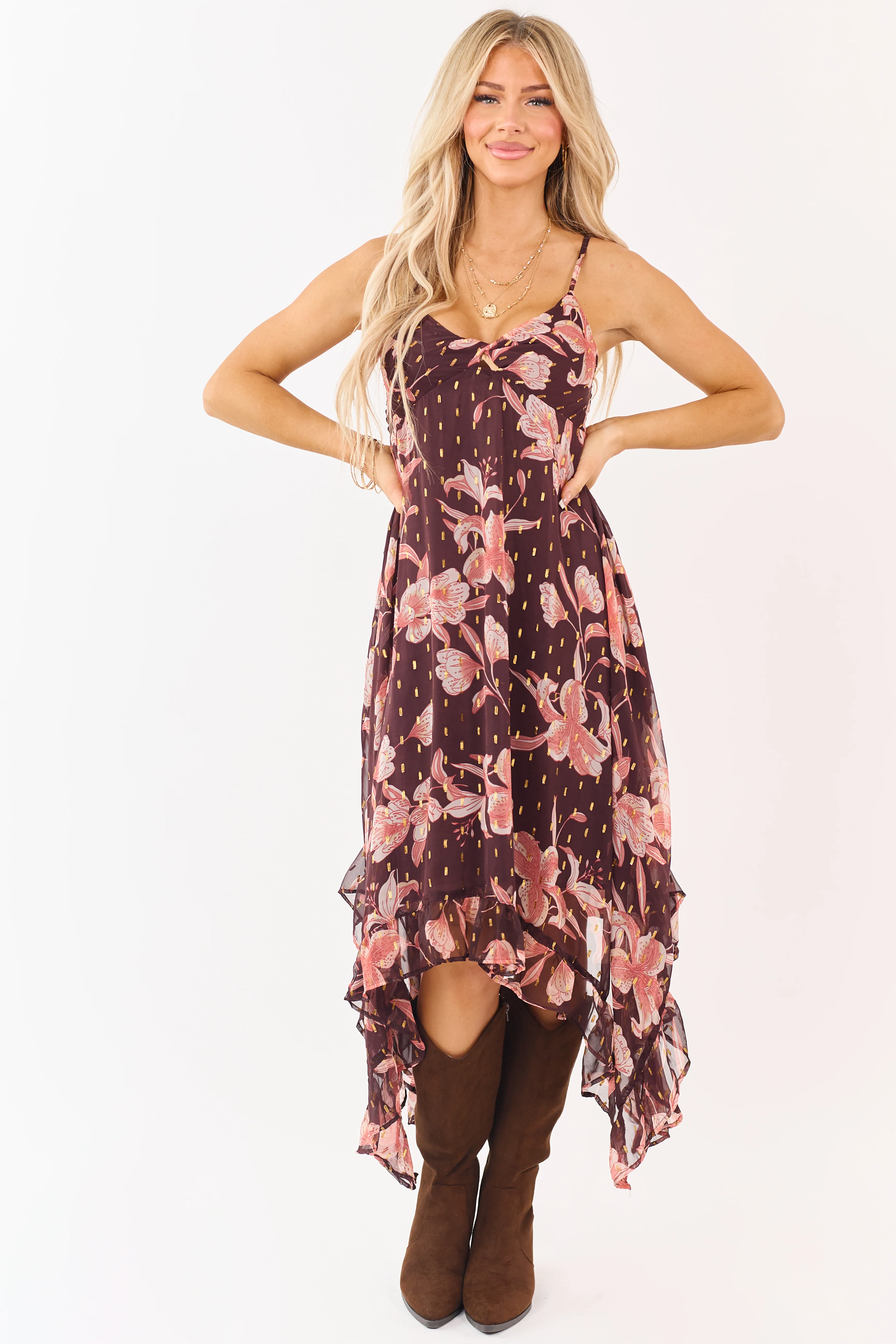 Chocolate Floral Print Lurex Swiss Dot Maxi Dress - Image 2
