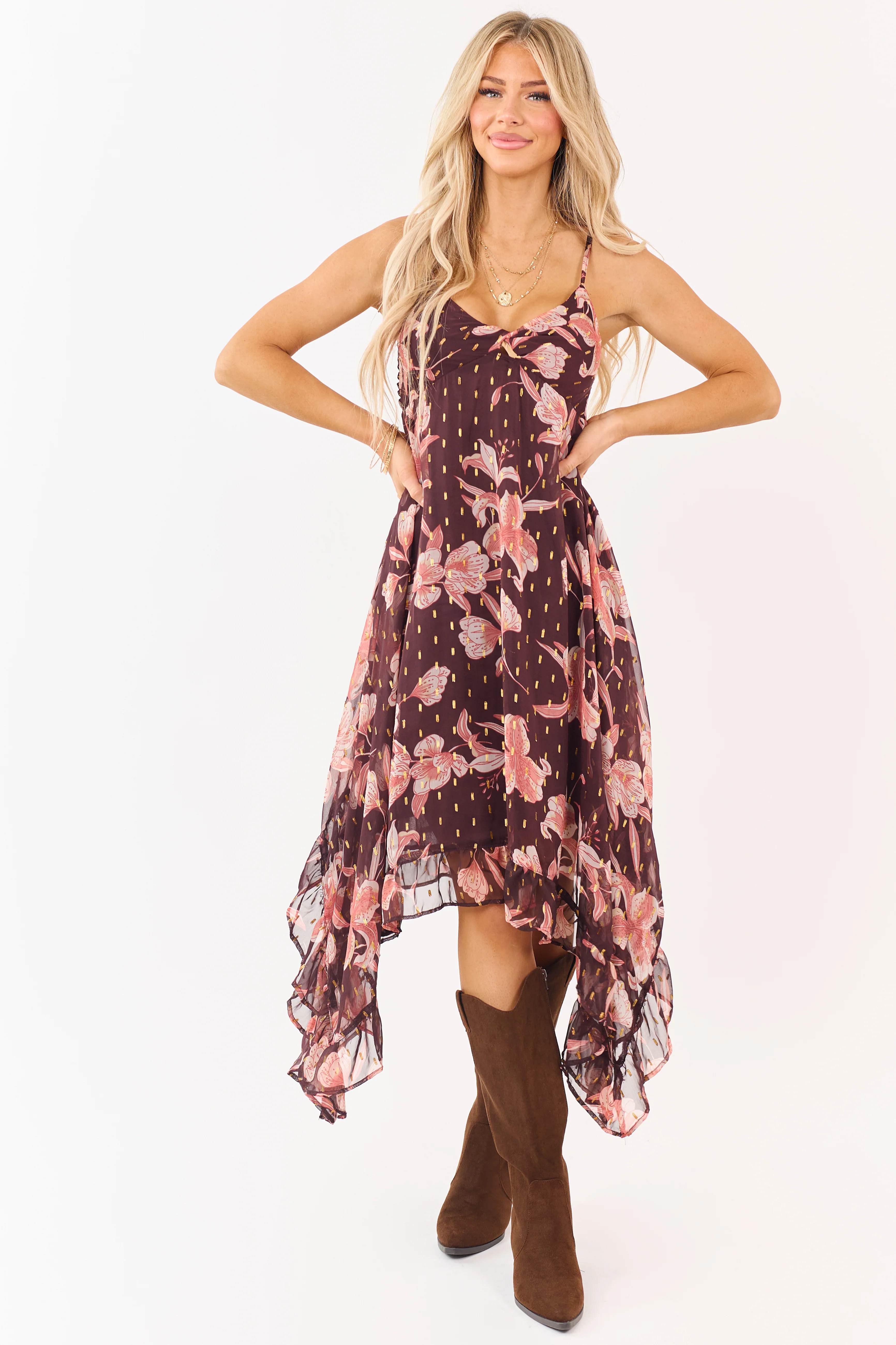 Chocolate Floral Print Lurex Swiss Dot Maxi Dress - Image 3