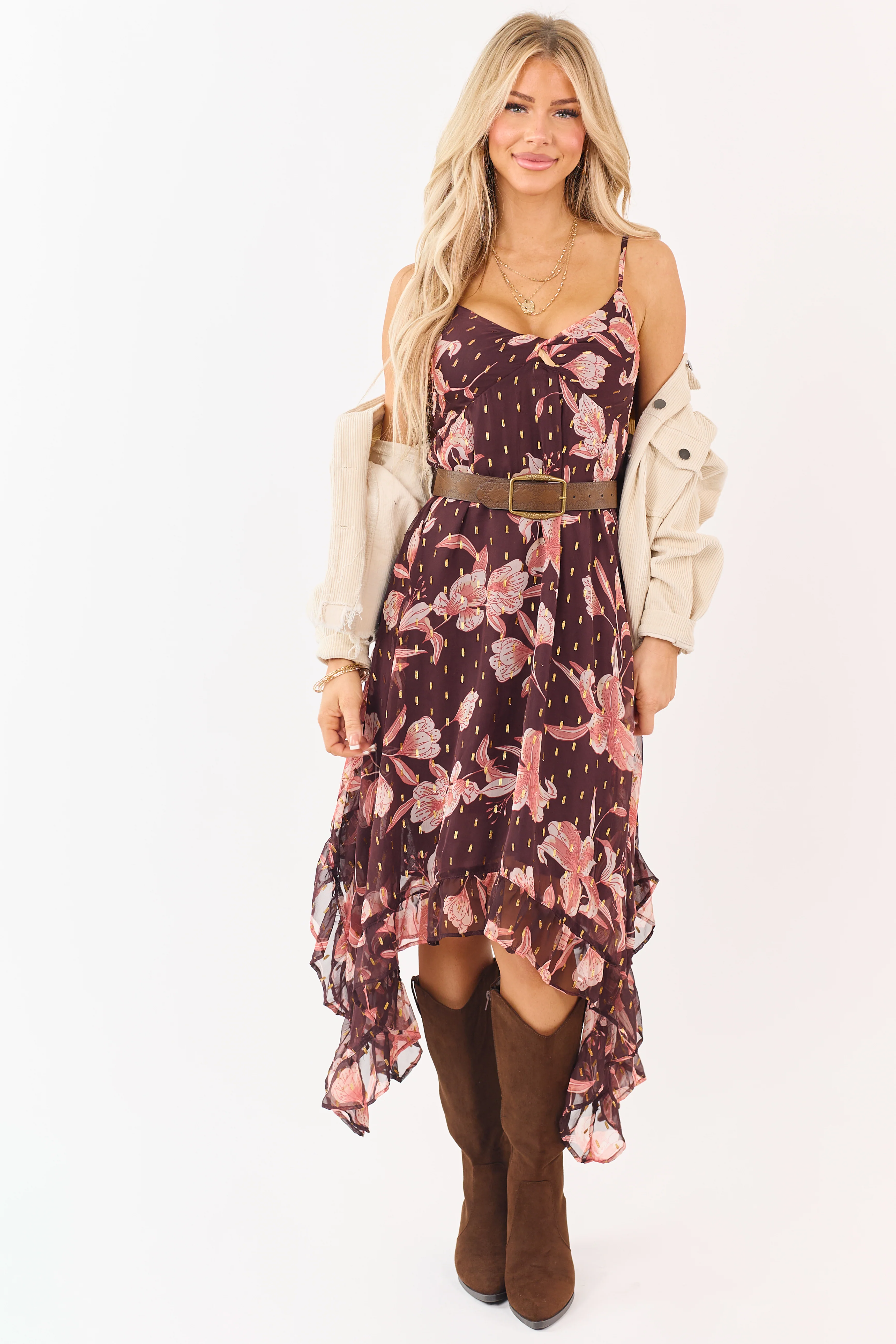 Chocolate Floral Print Lurex Swiss Dot Maxi Dress - Image 4