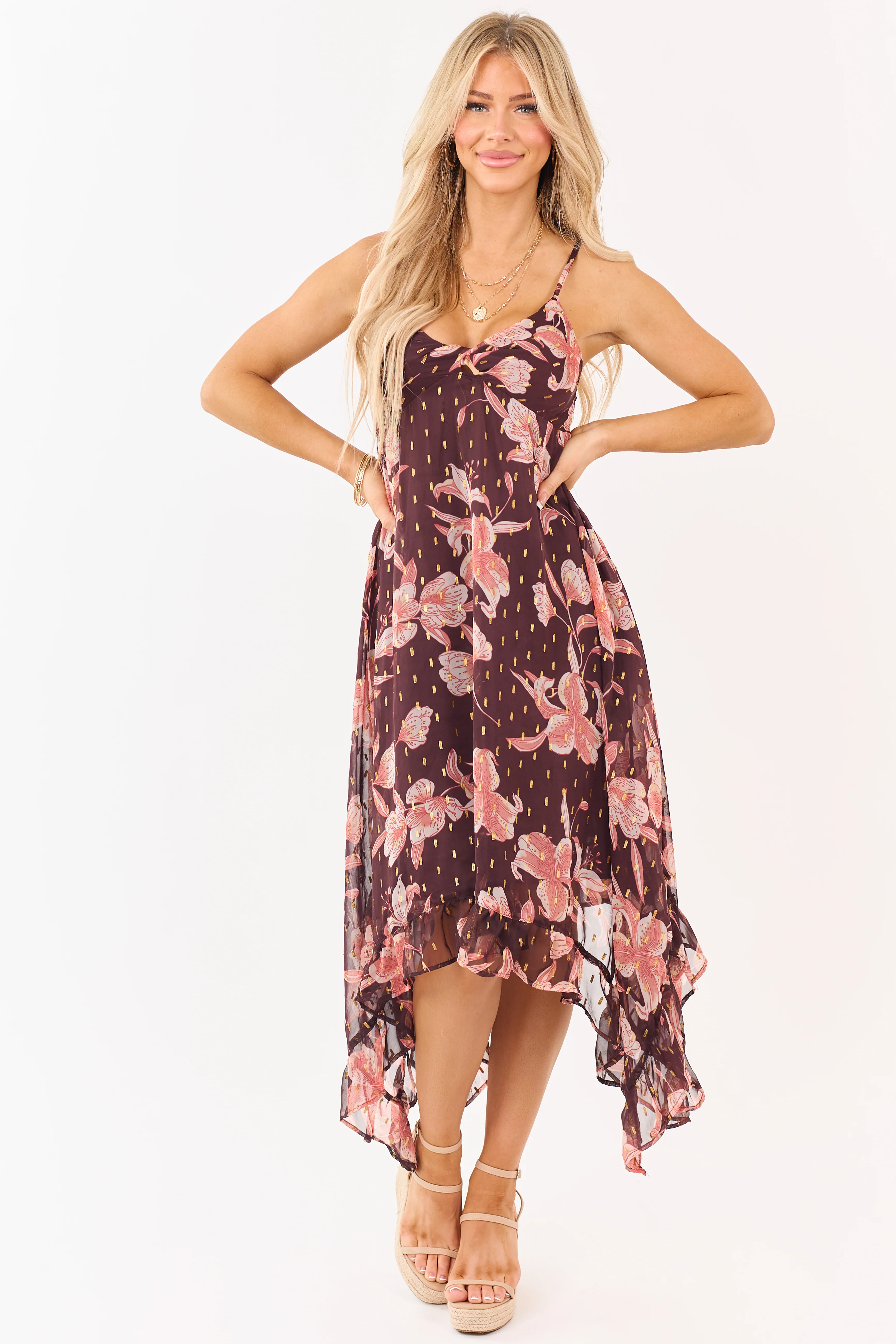 Chocolate Floral Print Lurex Swiss Dot Maxi Dress - Image 5