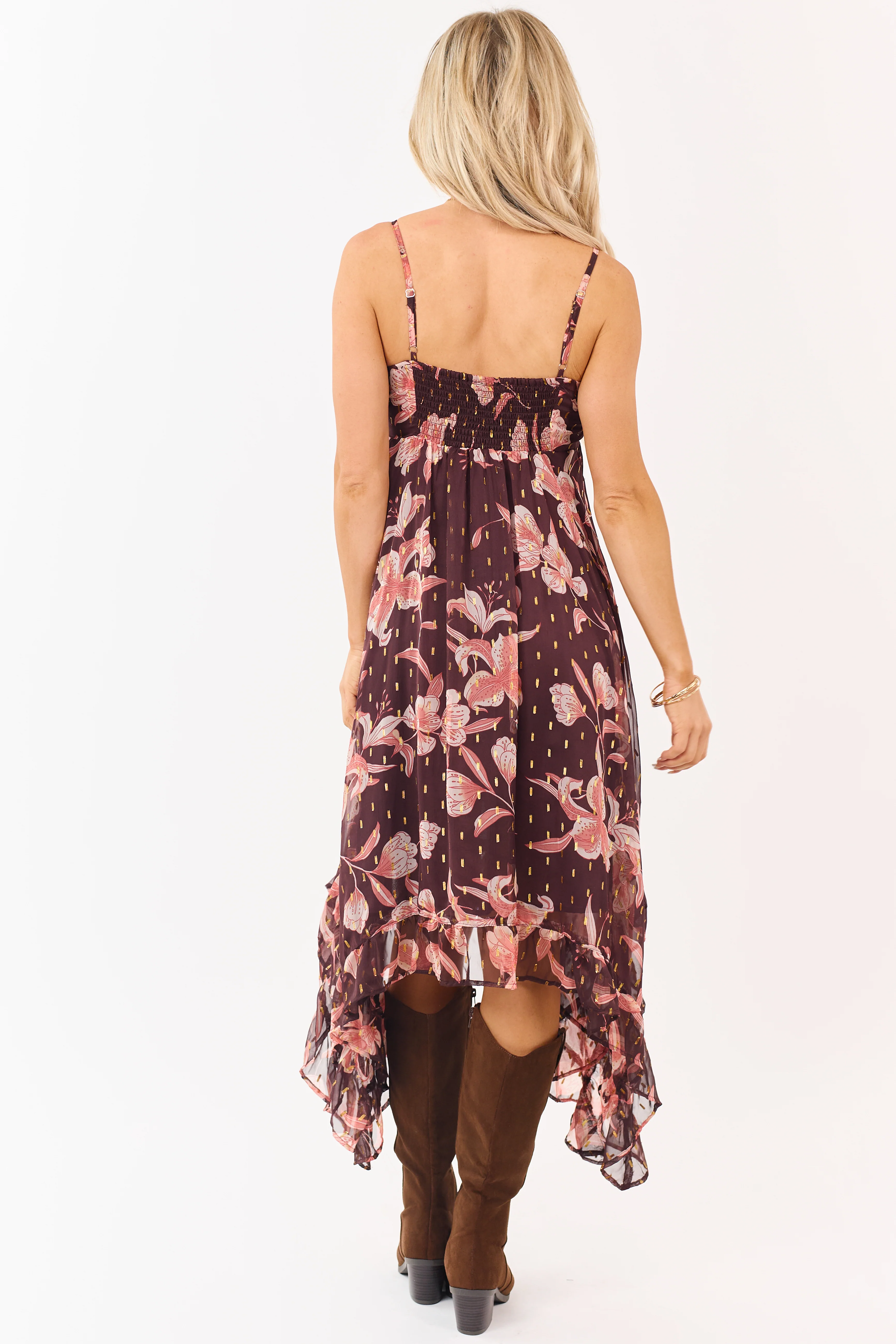 Chocolate Floral Print Lurex Swiss Dot Maxi Dress - Image 7