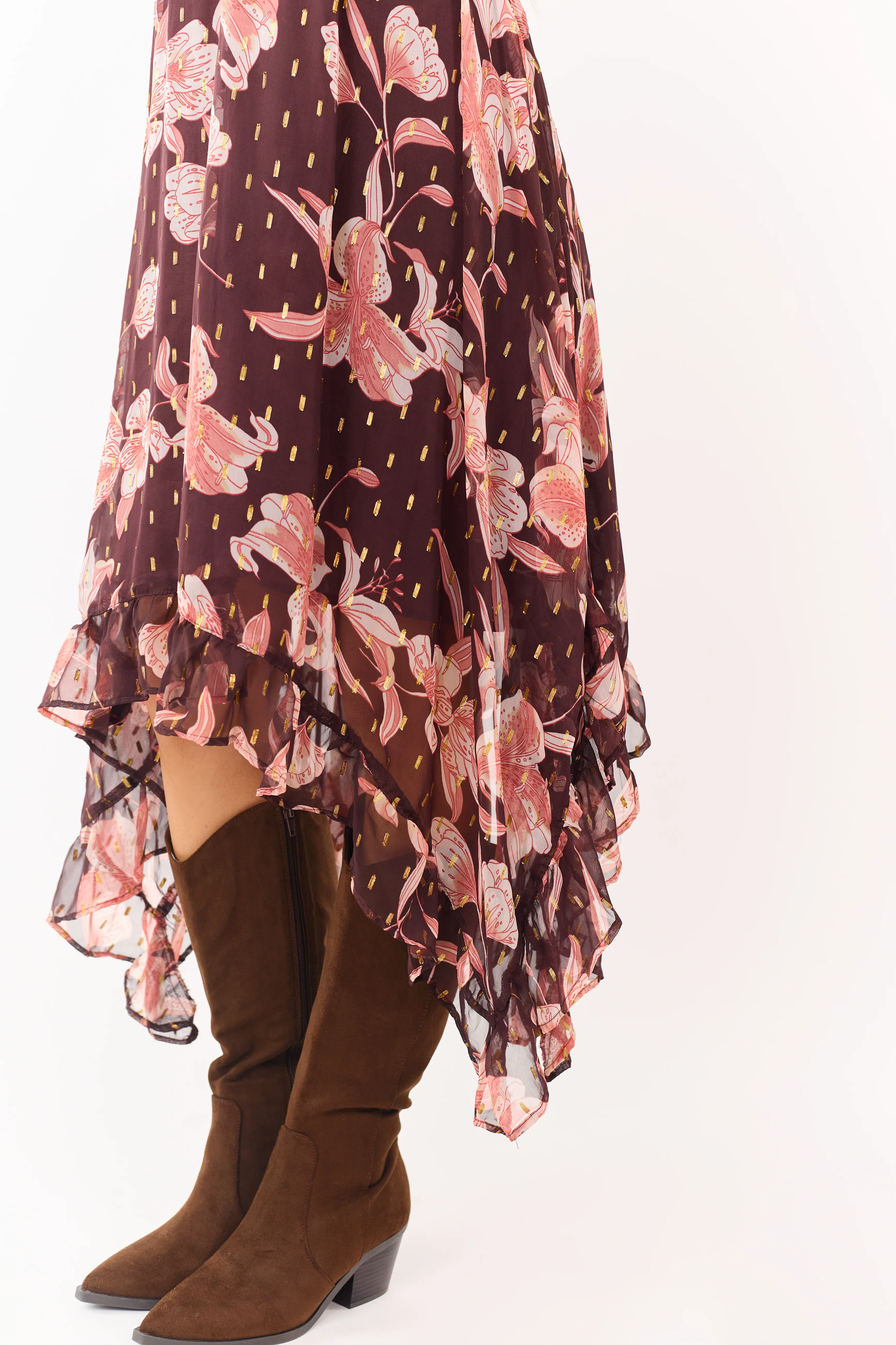 Chocolate Floral Print Lurex Swiss Dot Maxi Dress - Image 8