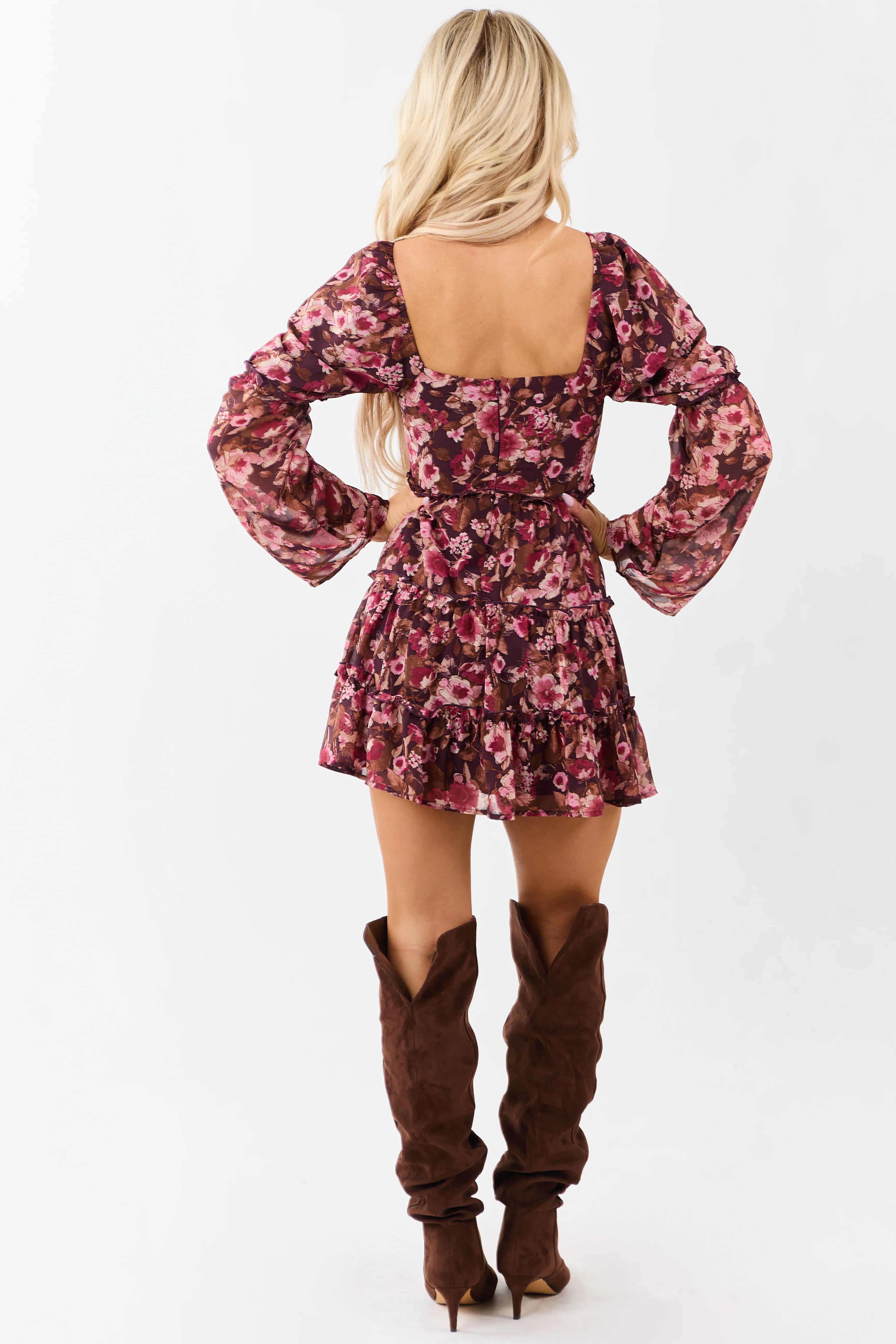 Chocolate Floral Print Tiered Long Sleeve Mini Dress - Image 6