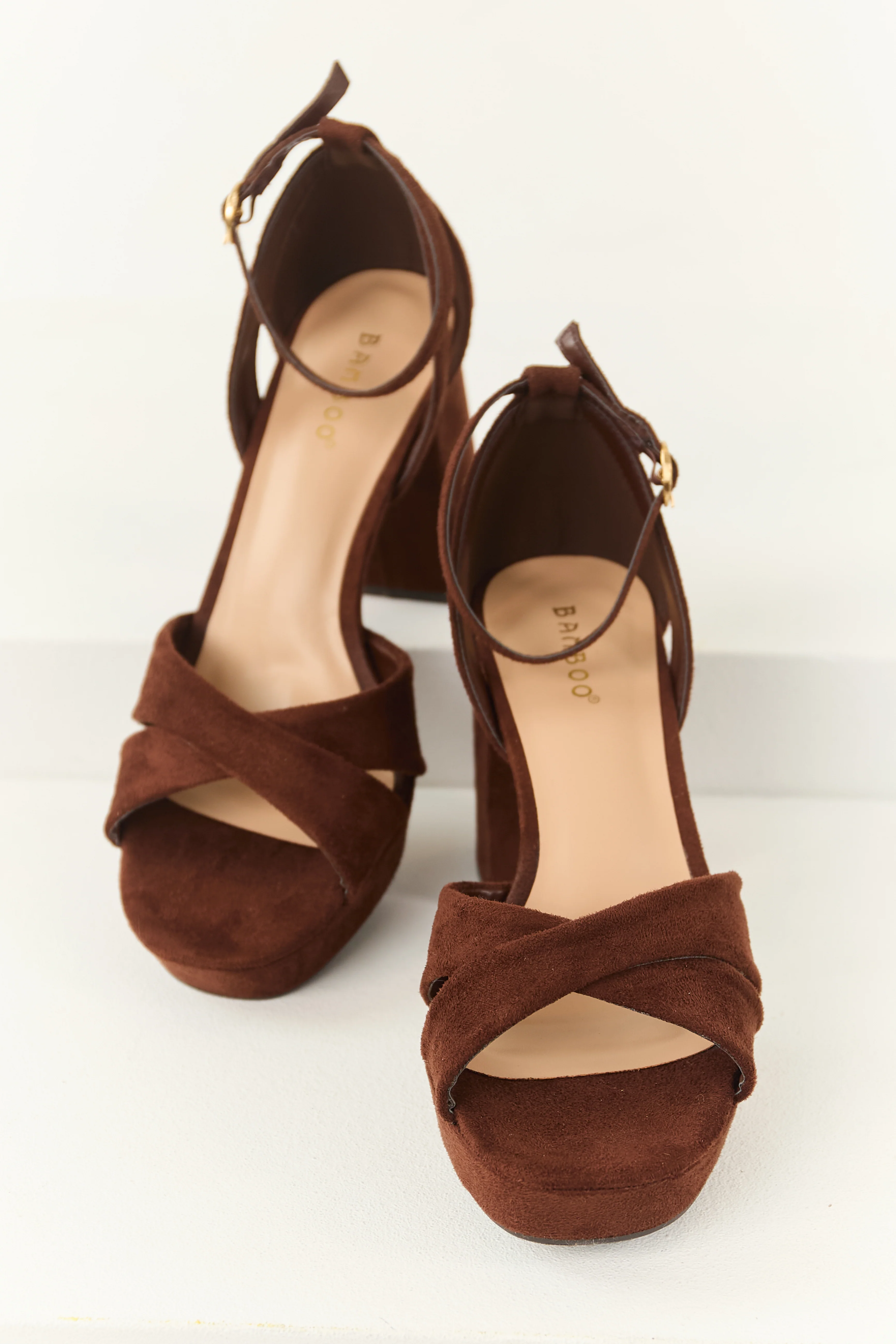 Chocolate Open Toe Strappy Platform Block Heels - Image 2