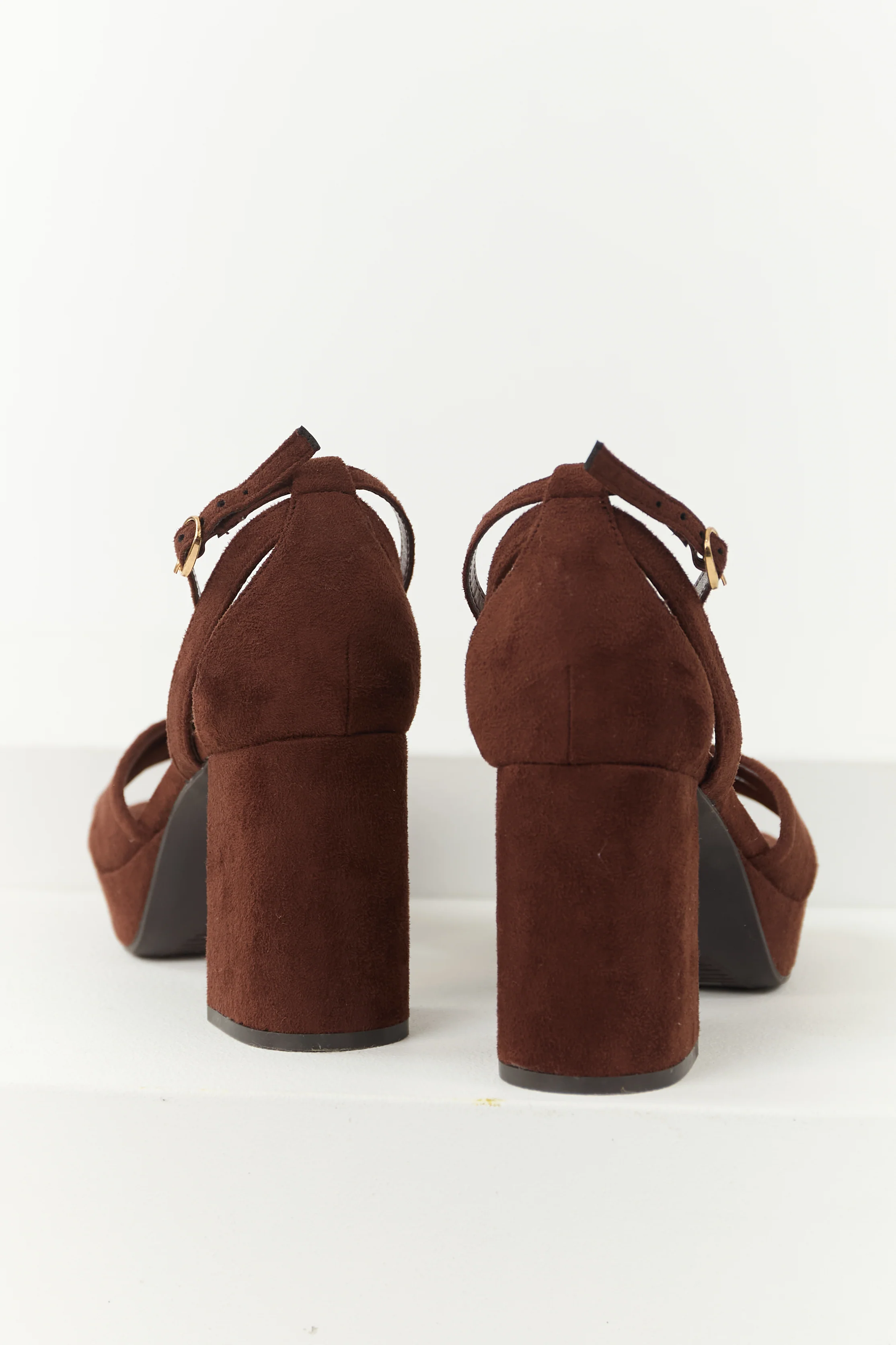 Chocolate Open Toe Strappy Platform Block Heels - Image 3