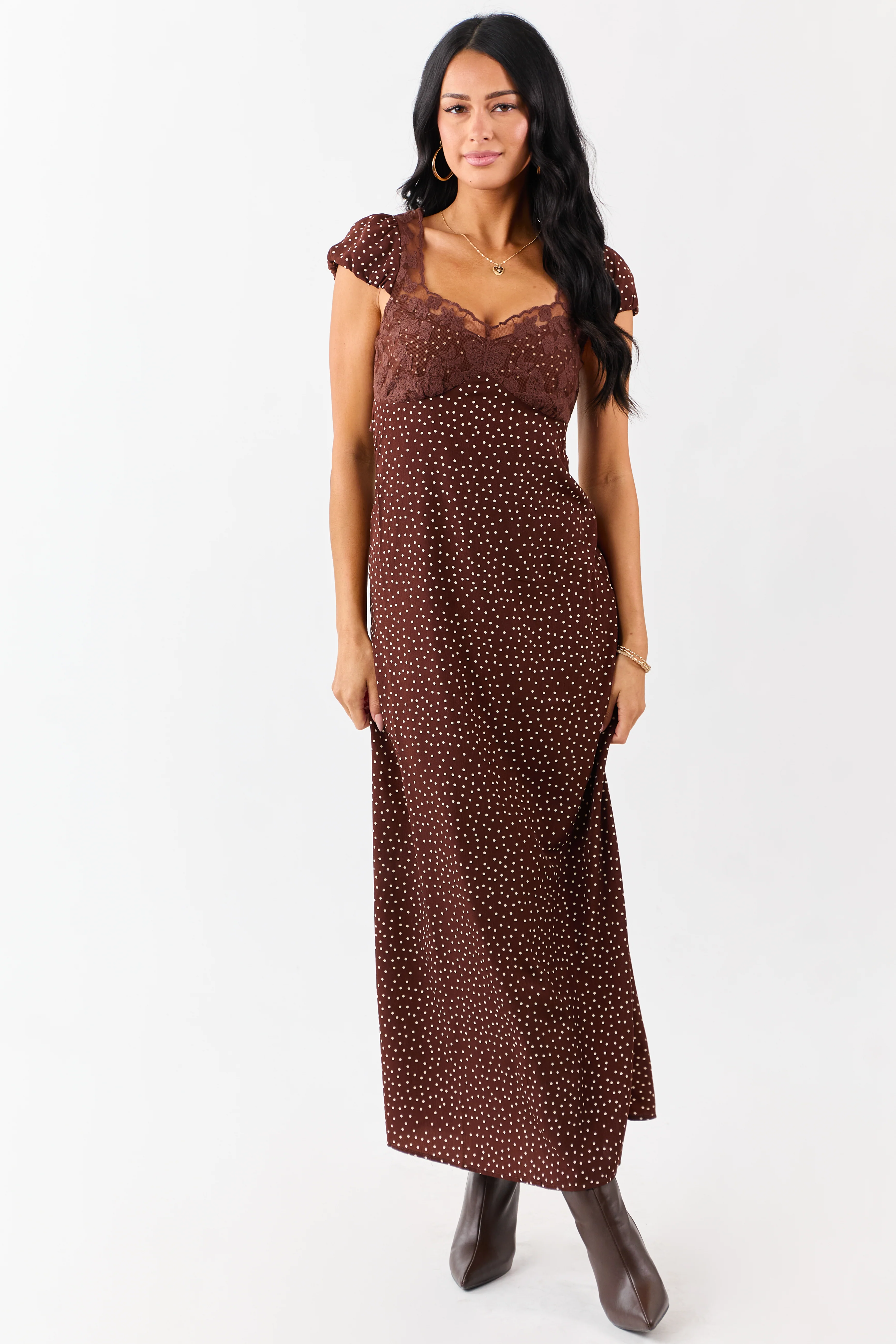 Chocolate Polka Dot Lace Bust Cap Sleeve Maxi Dress - Image 3