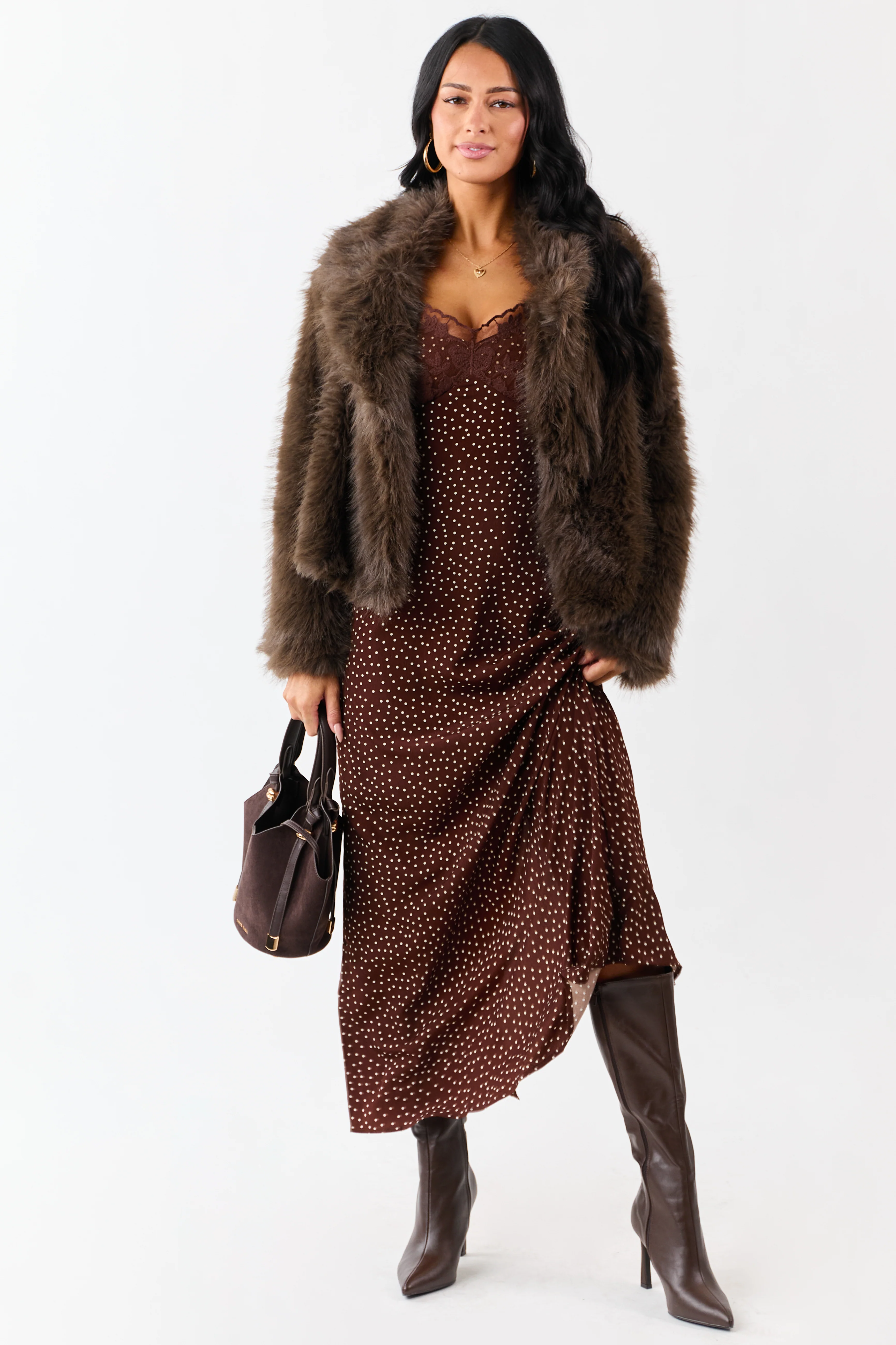 Chocolate Polka Dot Lace Bust Cap Sleeve Maxi Dress - Image 4