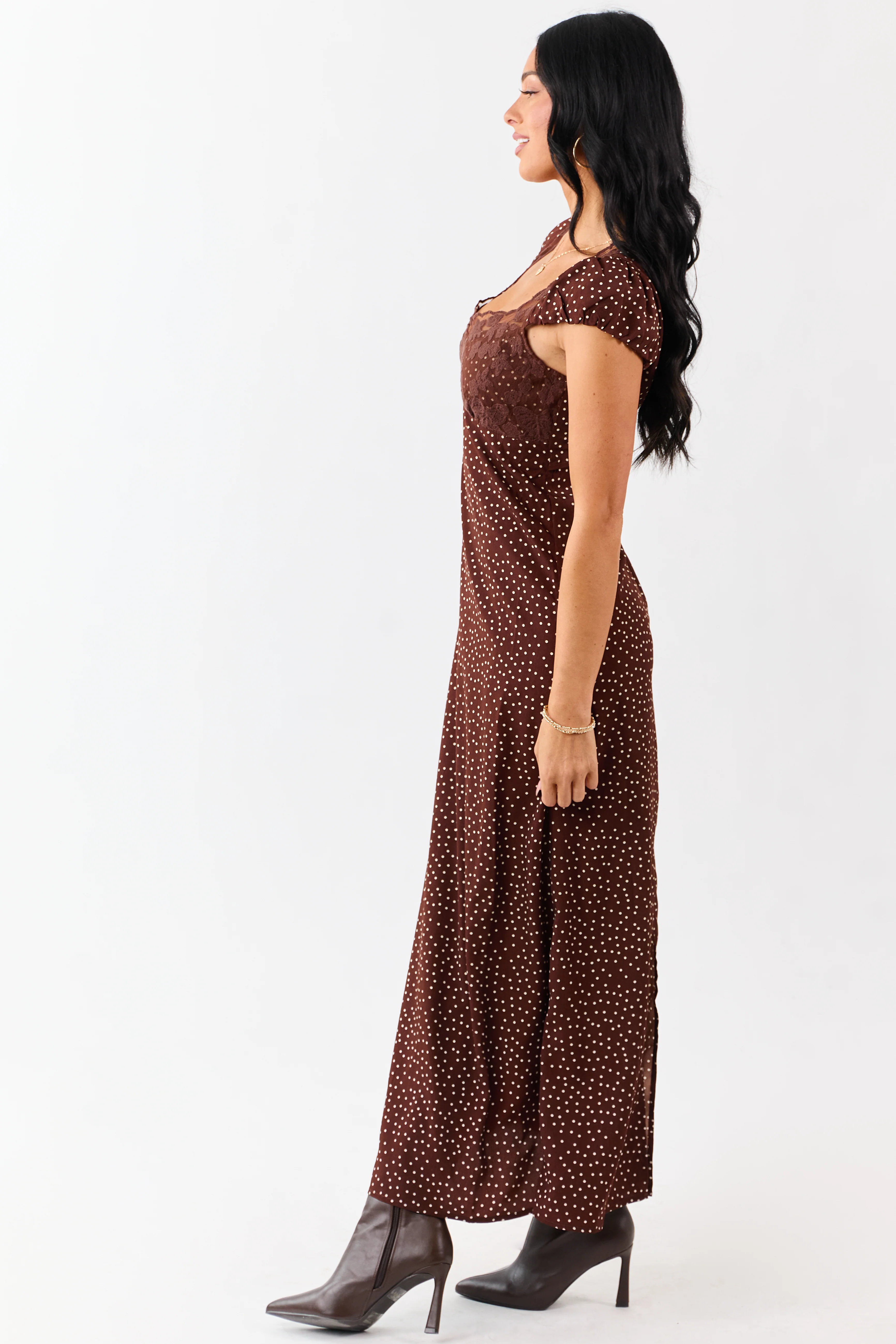 Chocolate Polka Dot Lace Bust Cap Sleeve Maxi Dress - Image 5