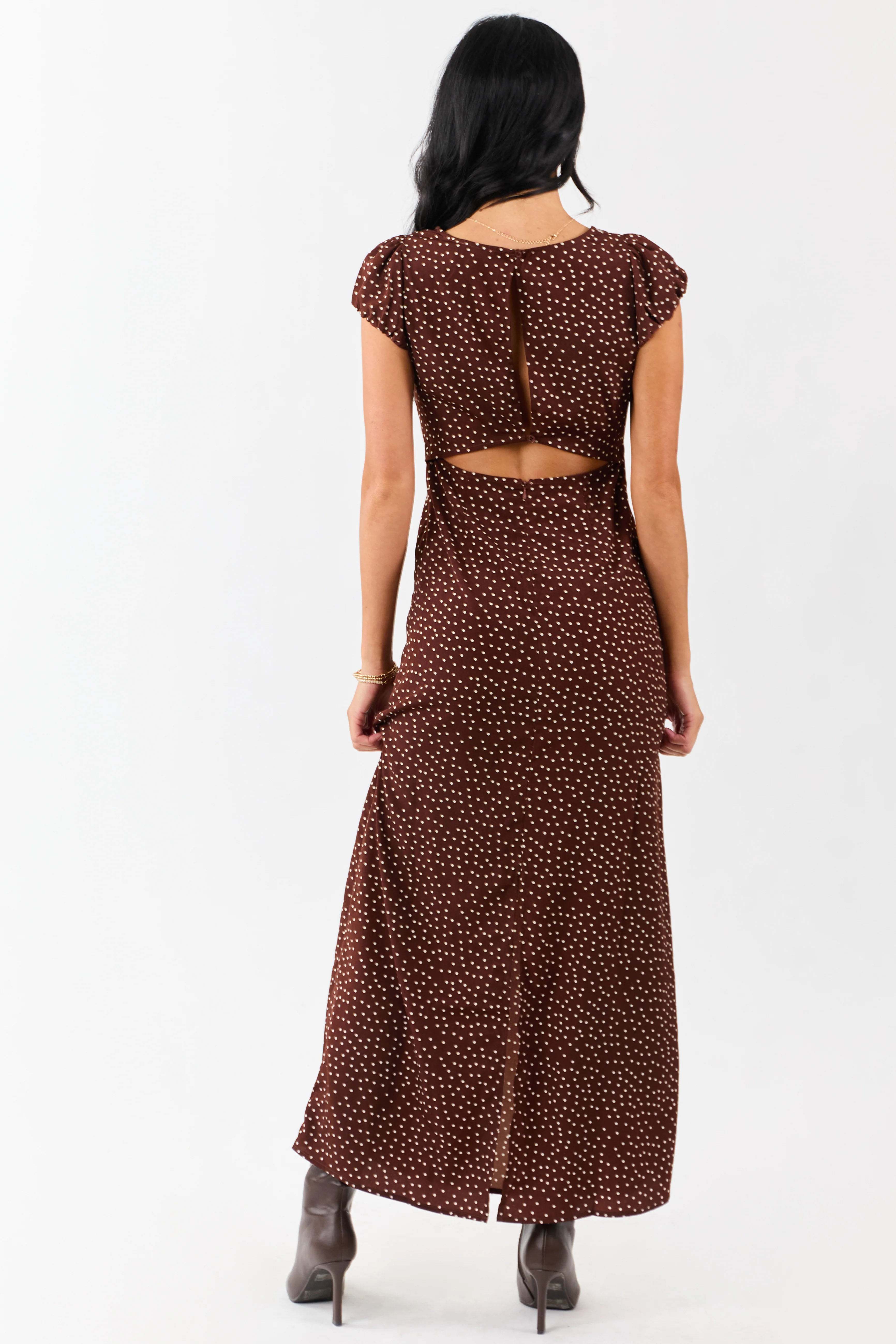 Chocolate Polka Dot Lace Bust Cap Sleeve Maxi Dress - Image 6