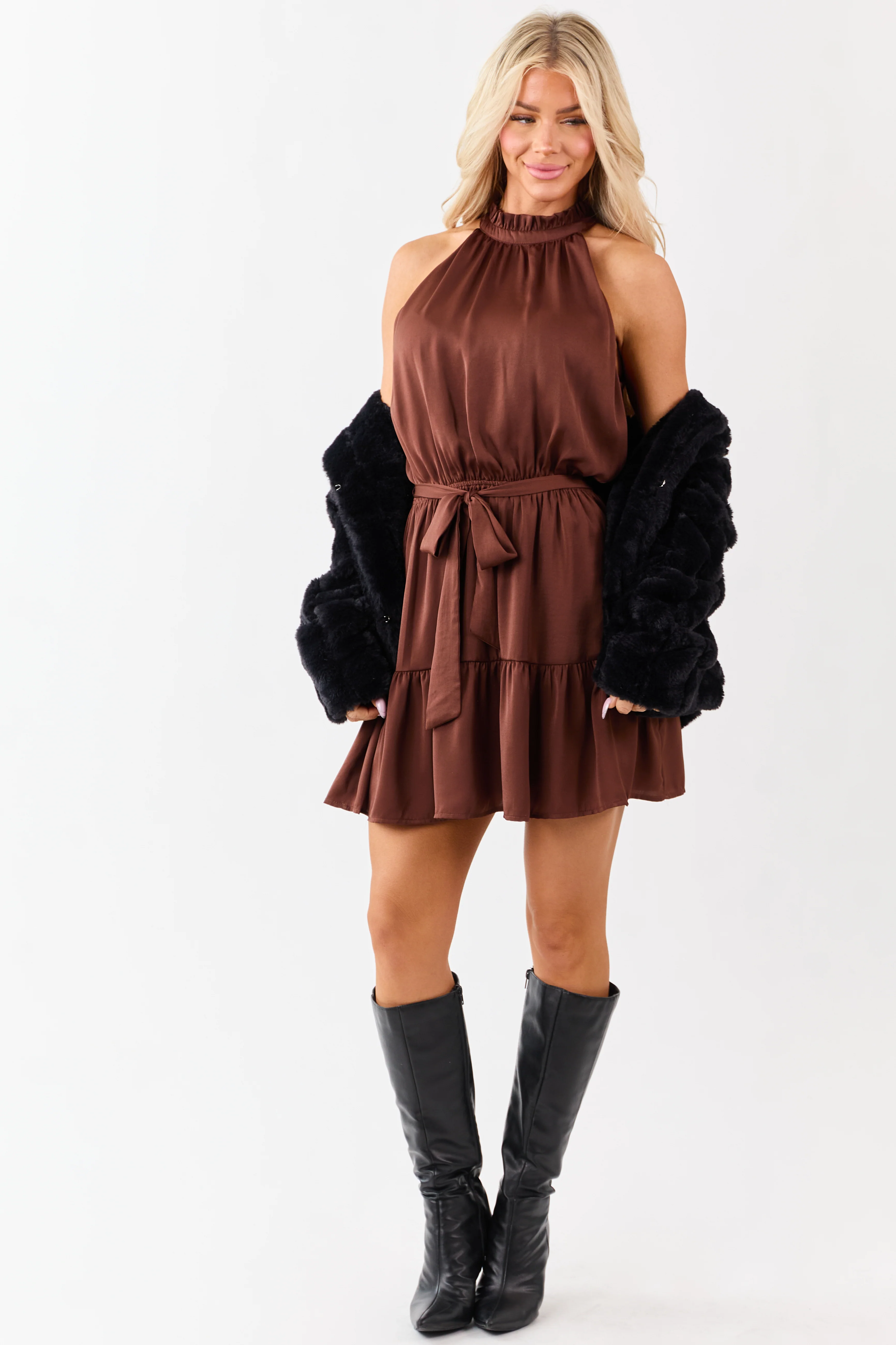 Chocolate Satin Halter Neck Waist Tie Mini Dress - Image 3