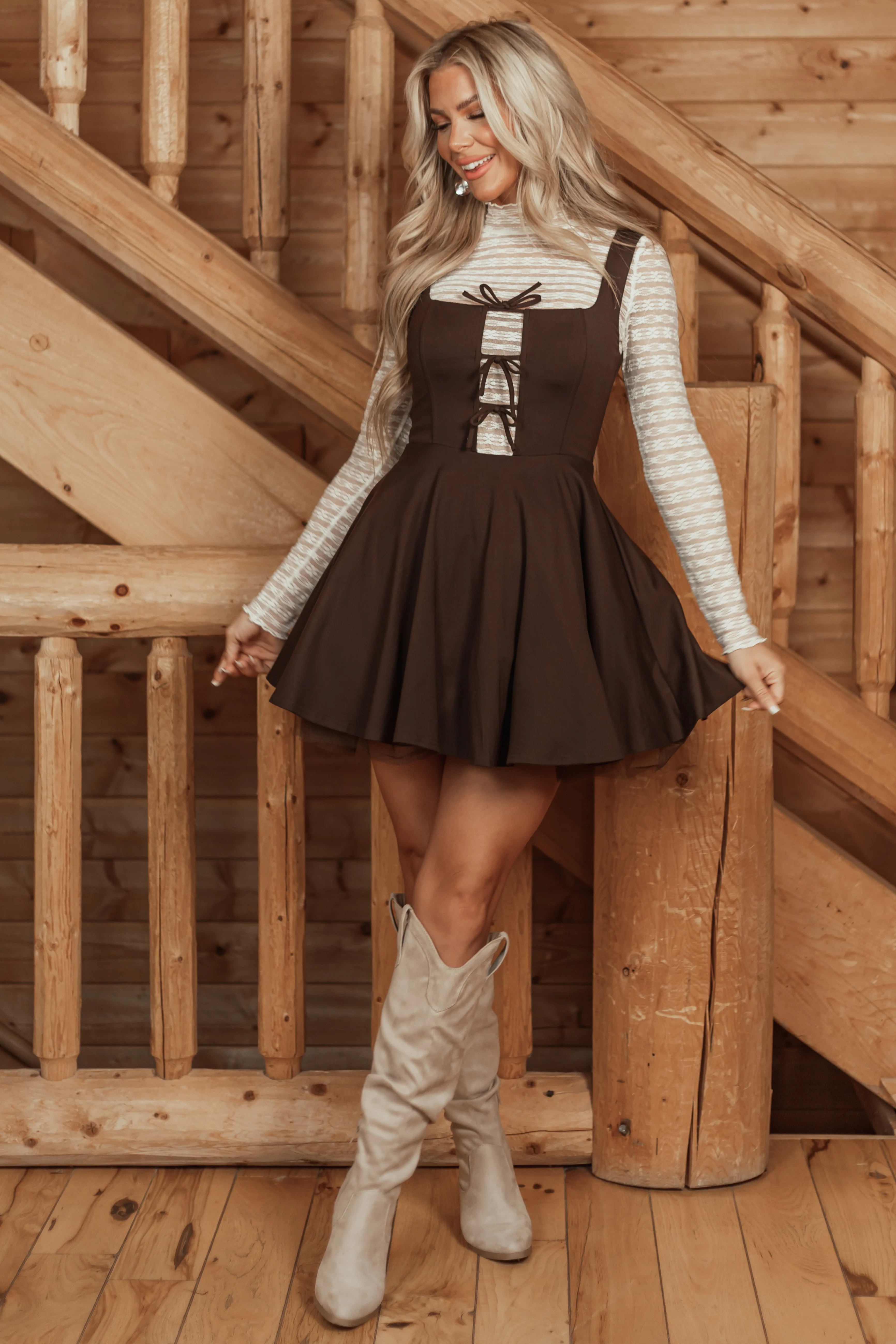 Chocolate Sleeveless Tie Front Mini Dress - Image 2