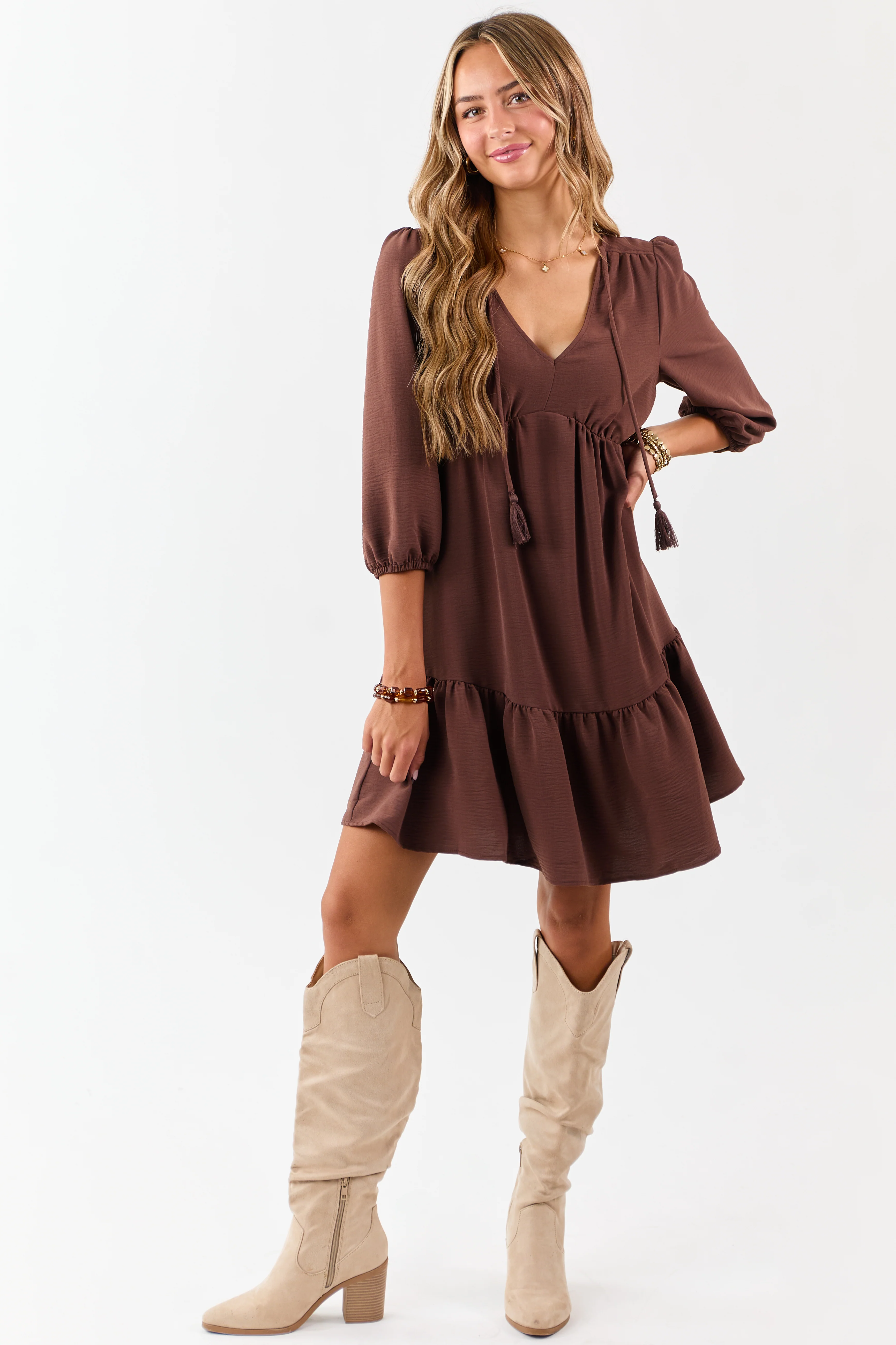 Chocolate Tassel Tie V-Neck Puff Sleeve Mini Dress - Image 2