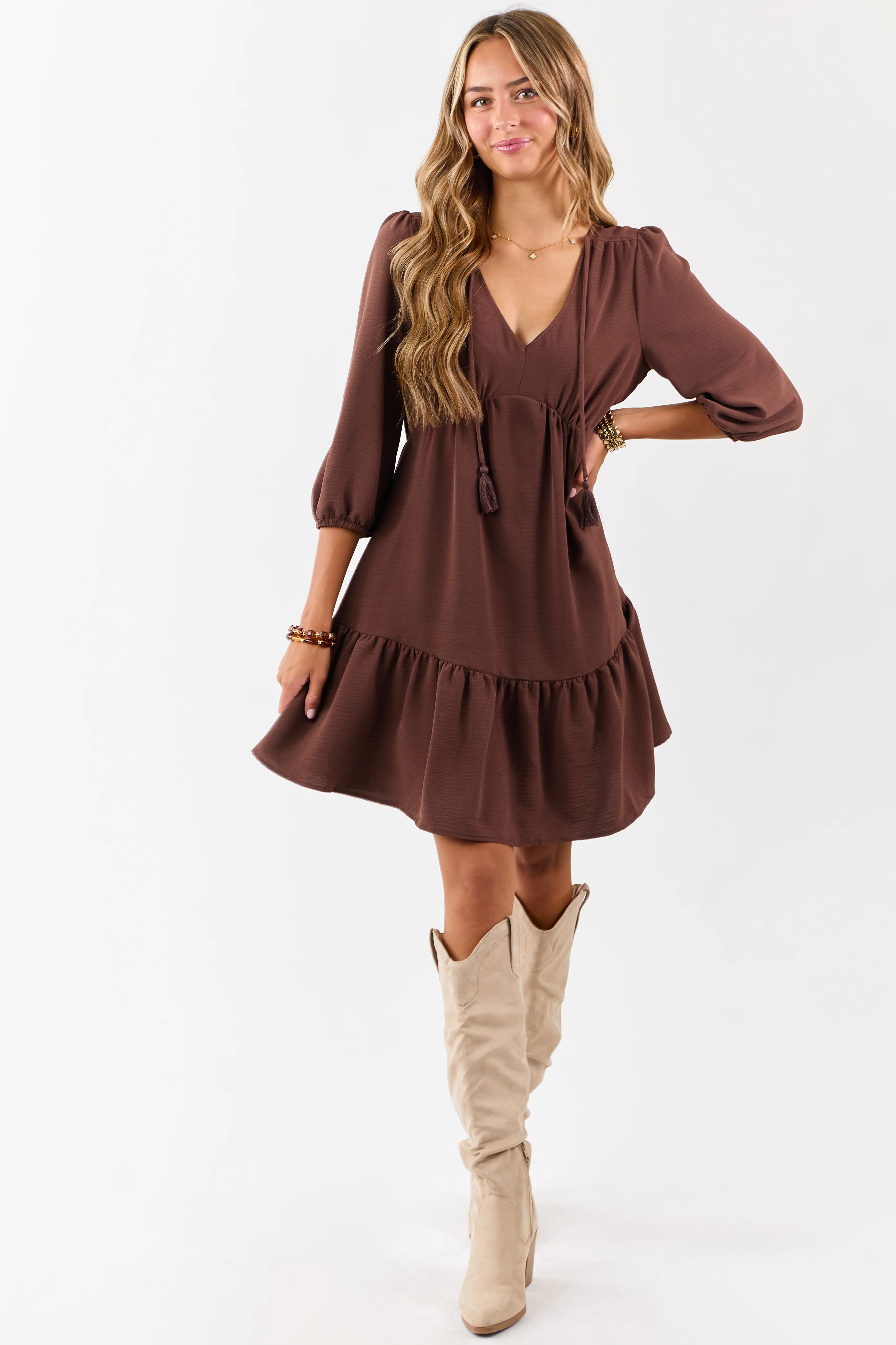 Chocolate Tassel Tie V-Neck Puff Sleeve Mini Dress - Image 3