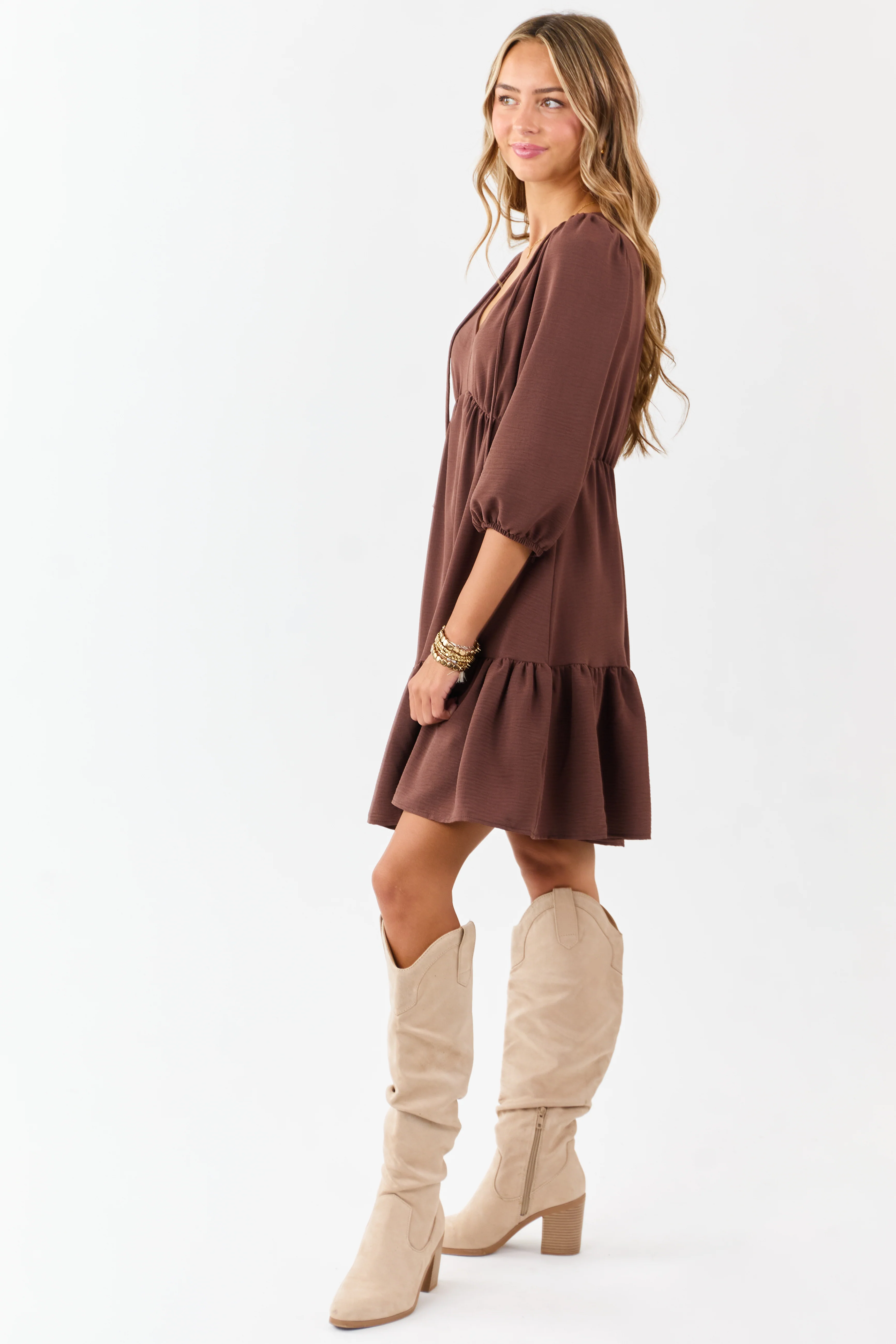 Chocolate Tassel Tie V-Neck Puff Sleeve Mini Dress - Image 4