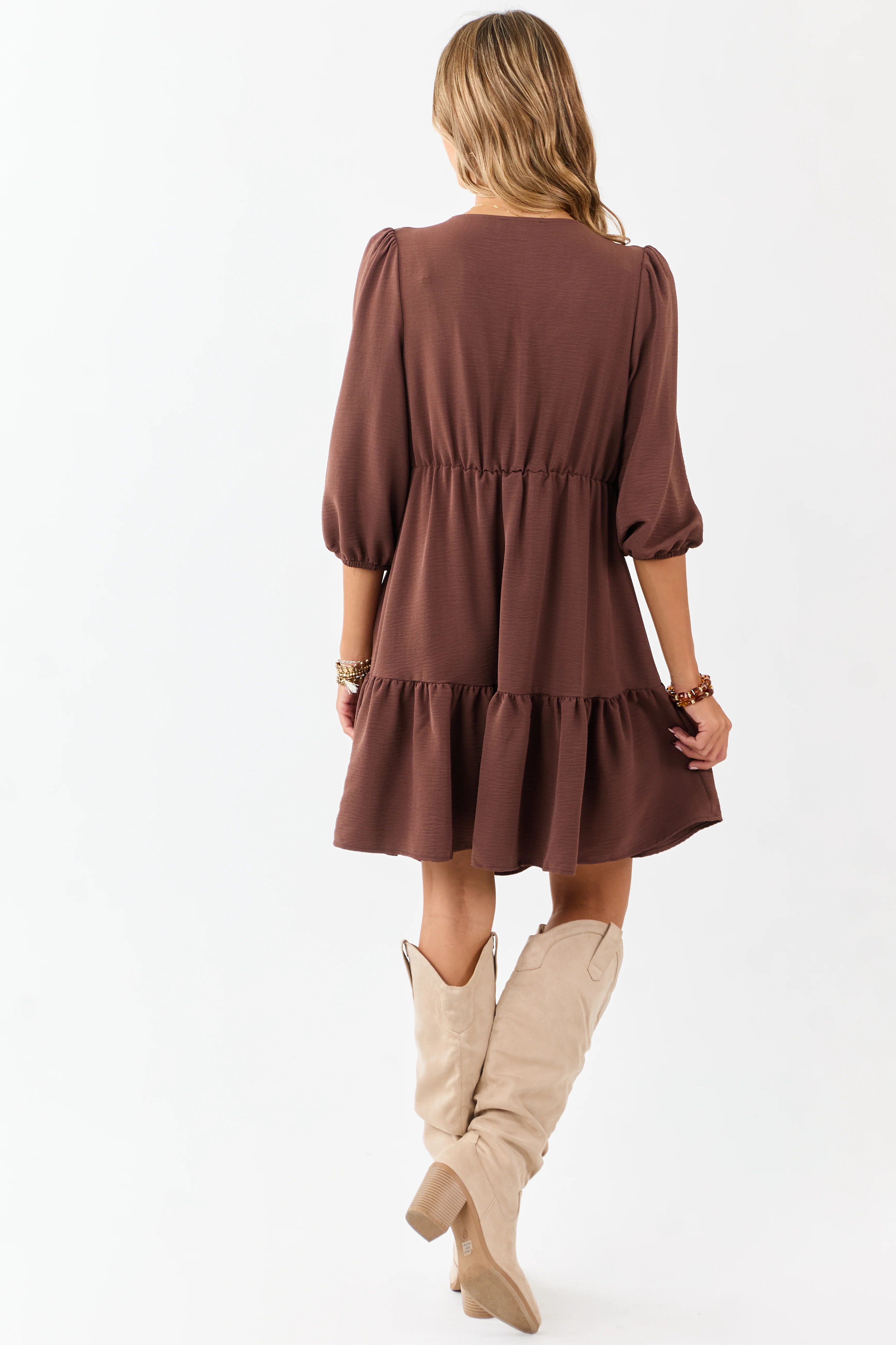 Chocolate Tassel Tie V-Neck Puff Sleeve Mini Dress - Image 5