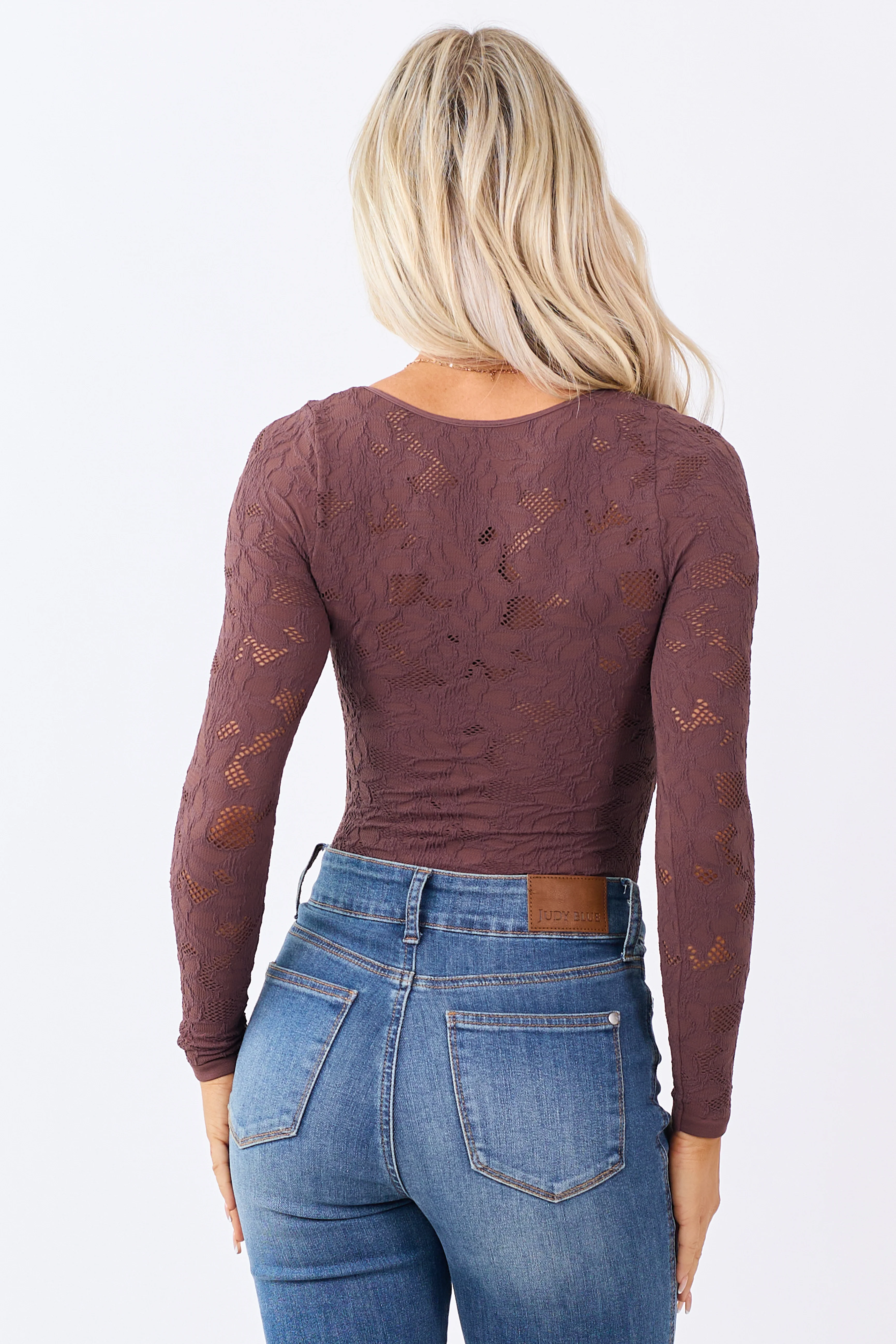 Chocolate Textured Lace Long Sleeve Bodysuit - Image 5