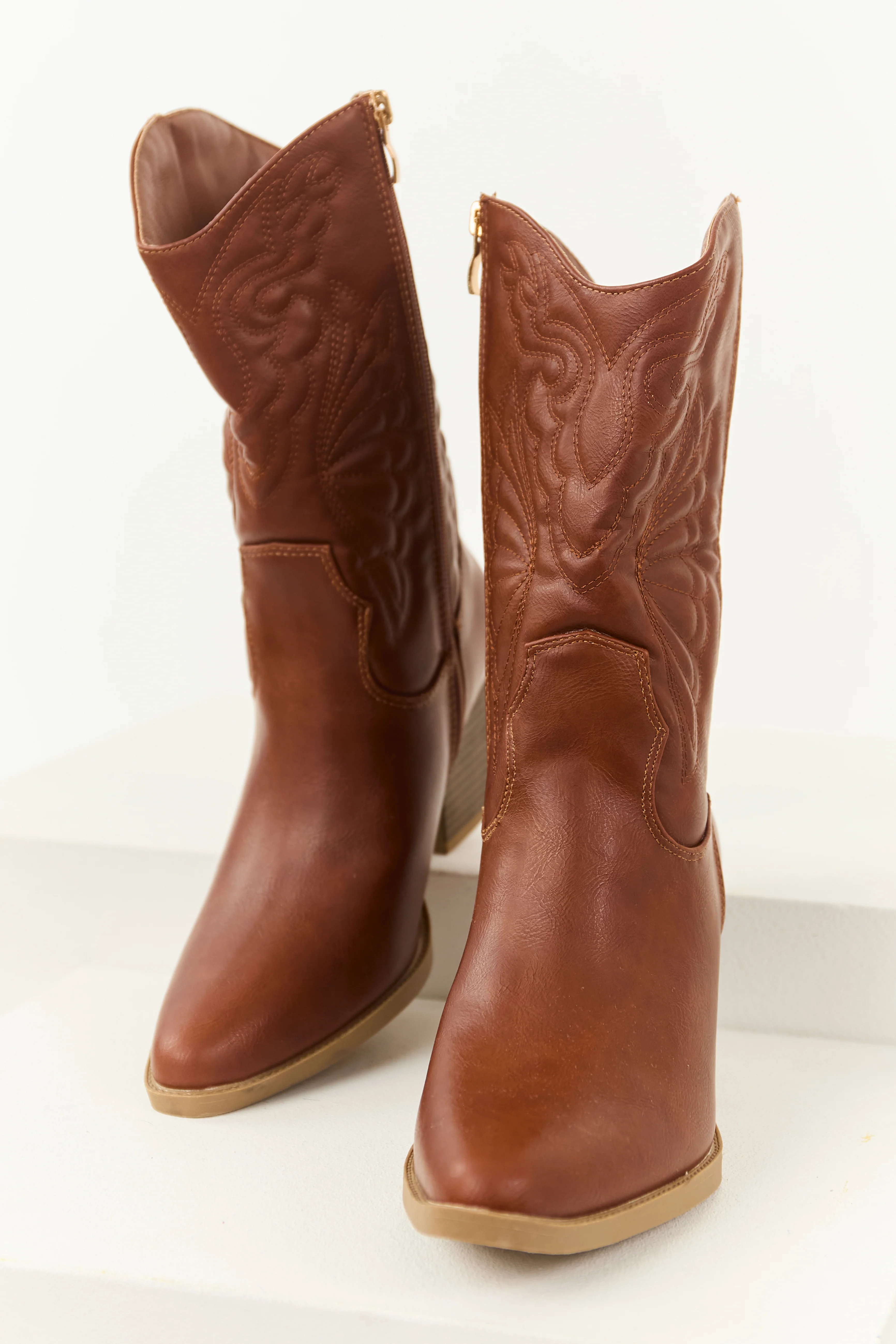 Cinnamon Faux Leather Block Heel Cowboy Boots - Image 2