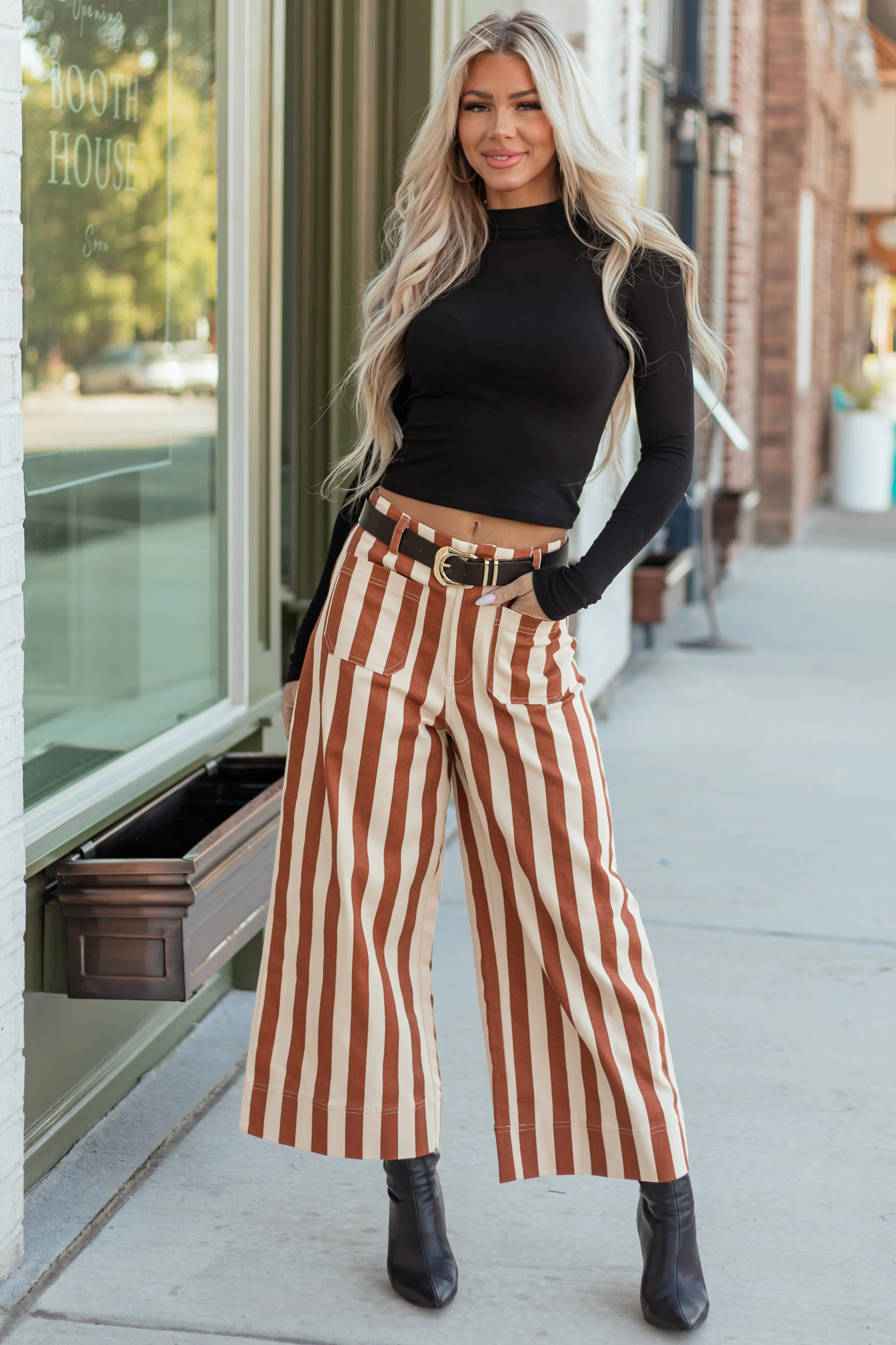 Cinnamon Striped Wide Leg Stretchy Denim Crop Pants - Image 2