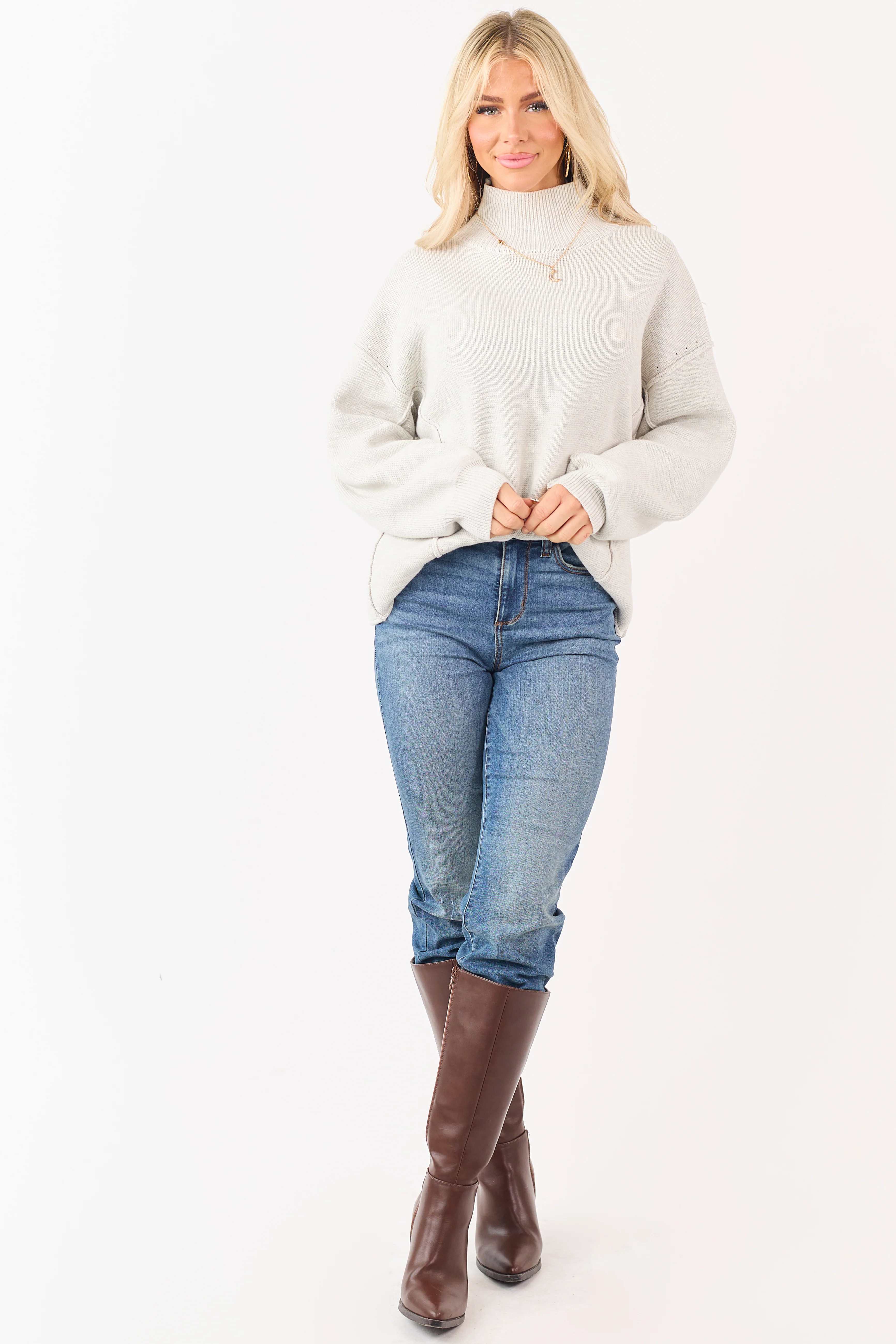 Cloud Grey Mock Neck Exposed Seam Knit Sweater - Image 3