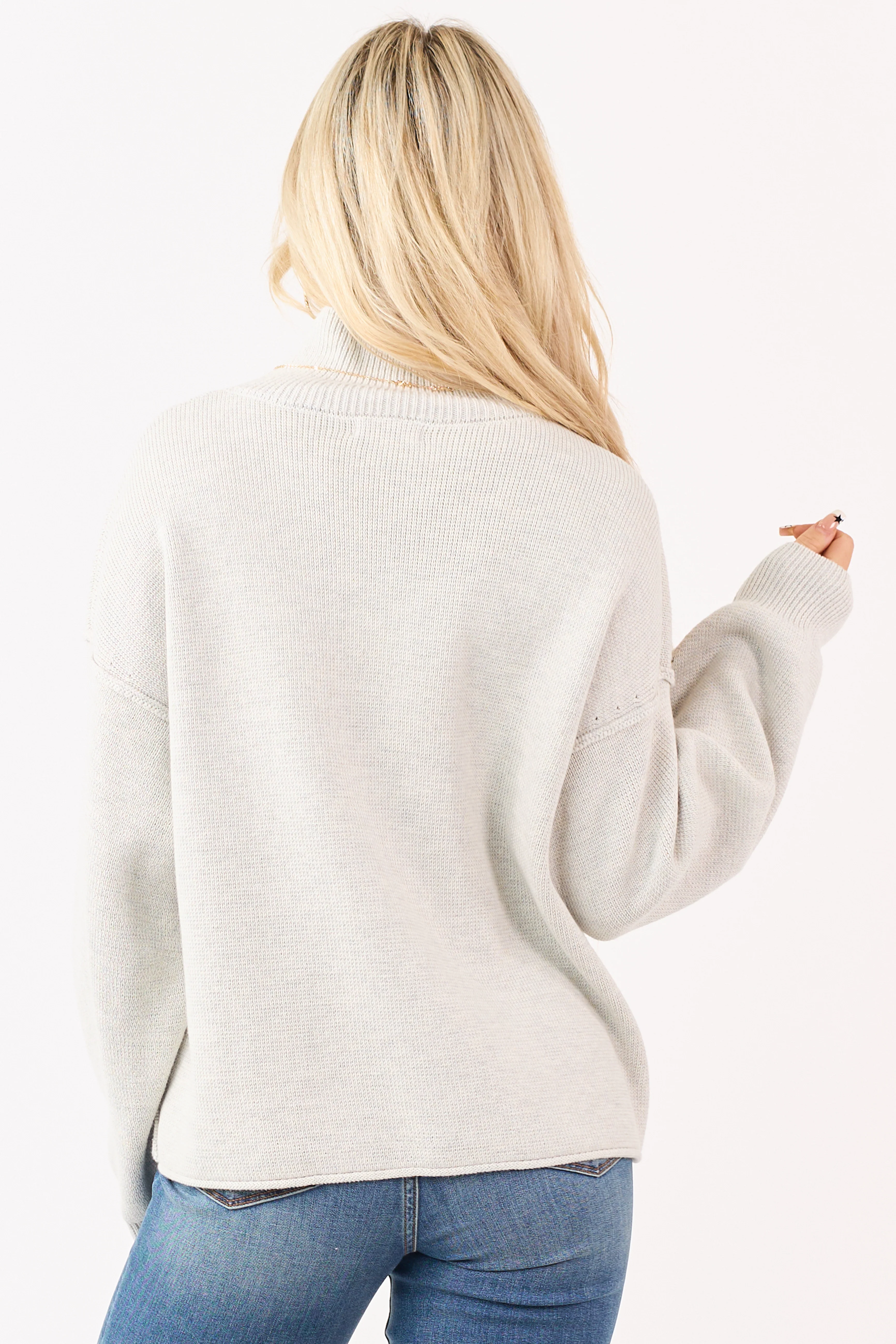 Cloud Grey Mock Neck Exposed Seam Knit Sweater - Image 6