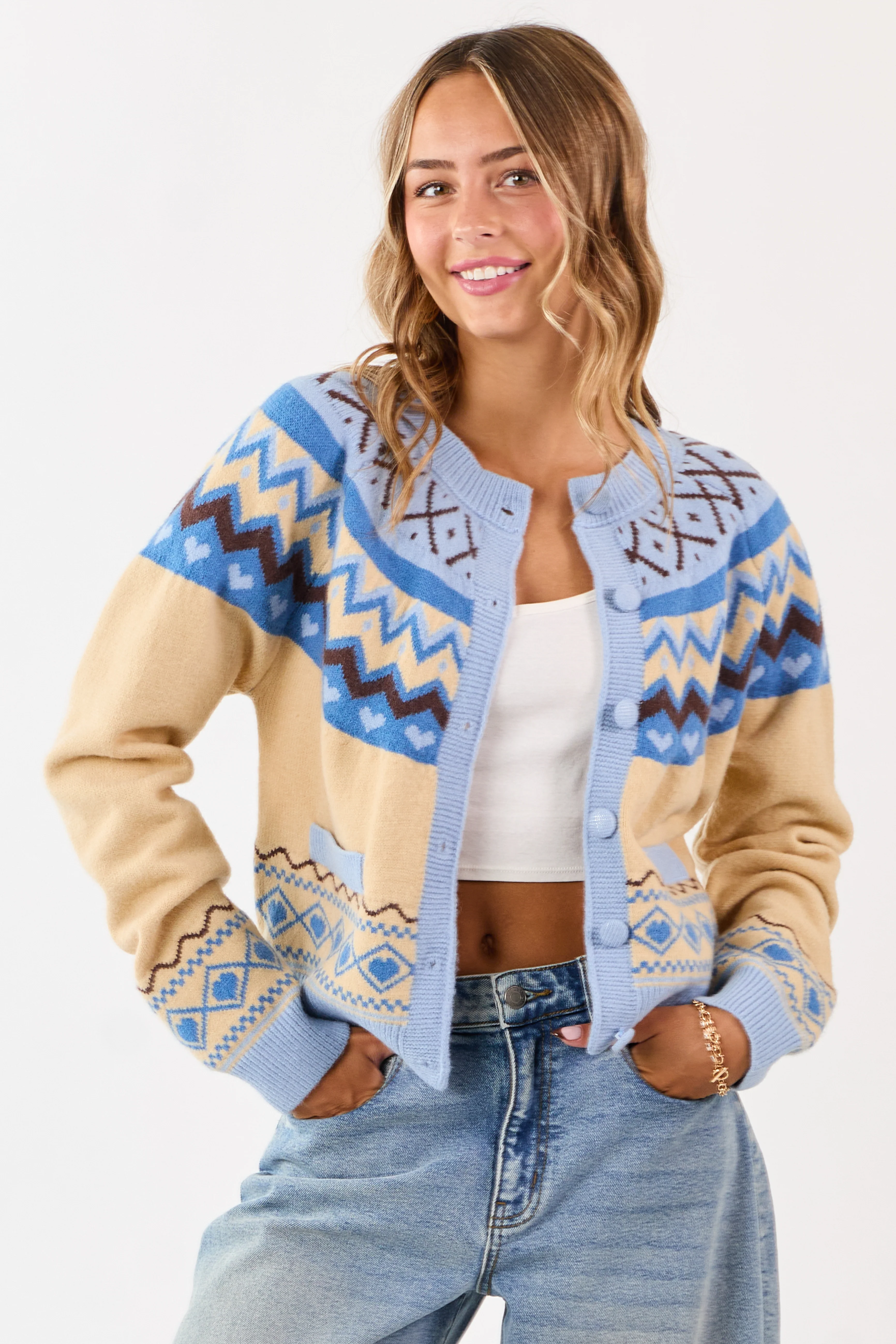 Cobalt and Cream Fair Isle Heart Print Cardigan