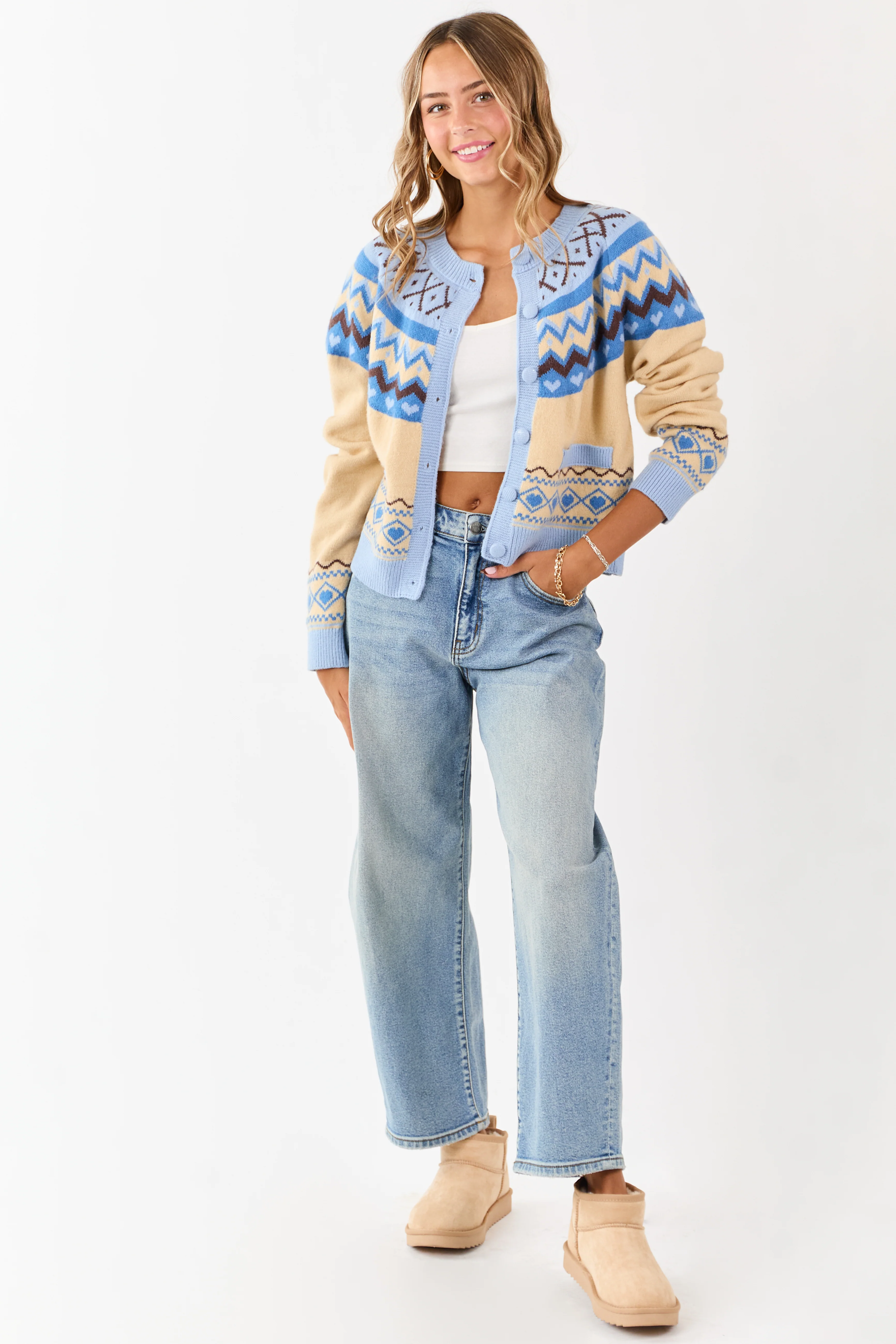 Cobalt and Cream Fair Isle Heart Print Cardigan - Image 2