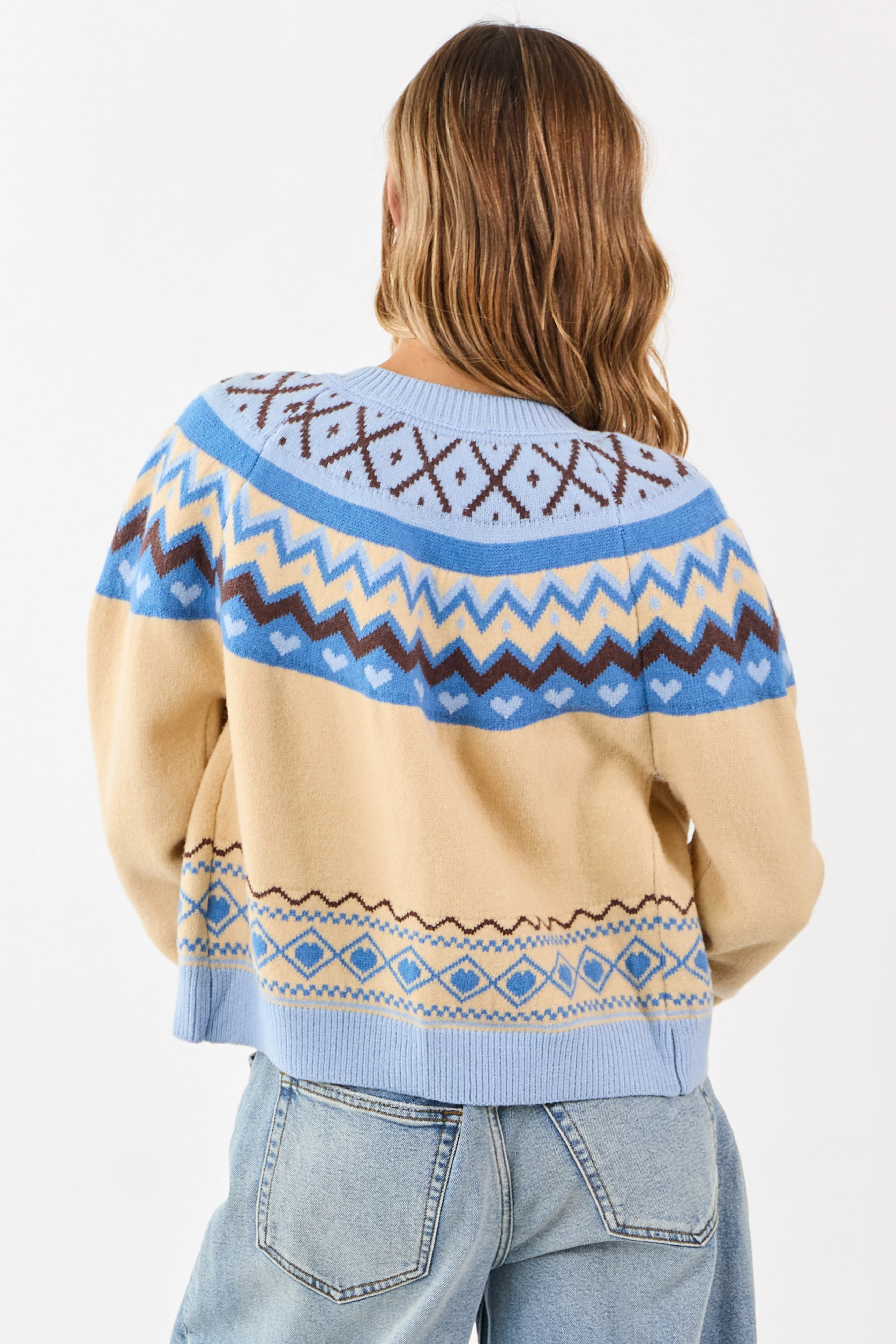 Cobalt and Cream Fair Isle Heart Print Cardigan - Image 5