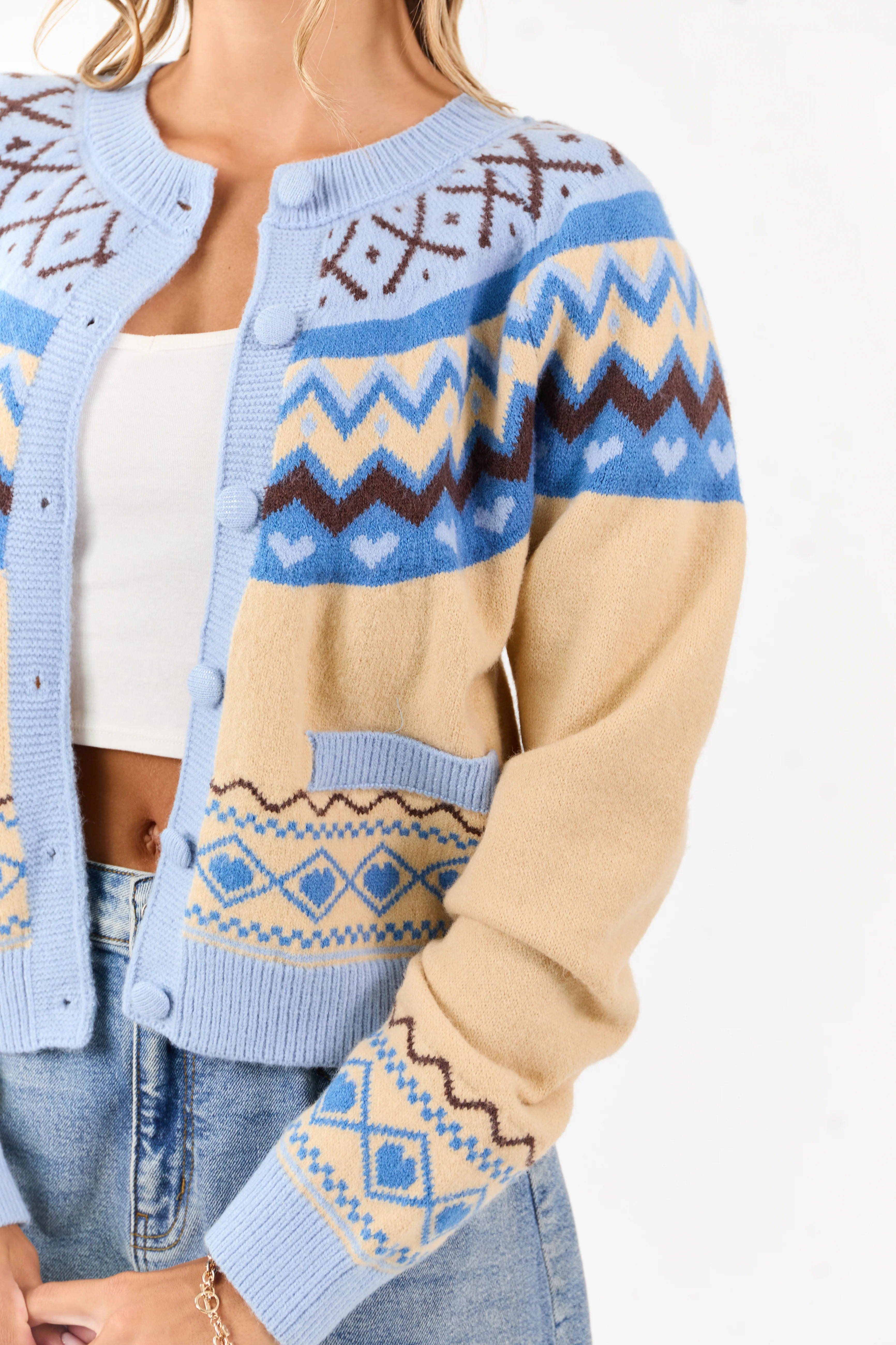 Cobalt and Cream Fair Isle Heart Print Cardigan - Image 6