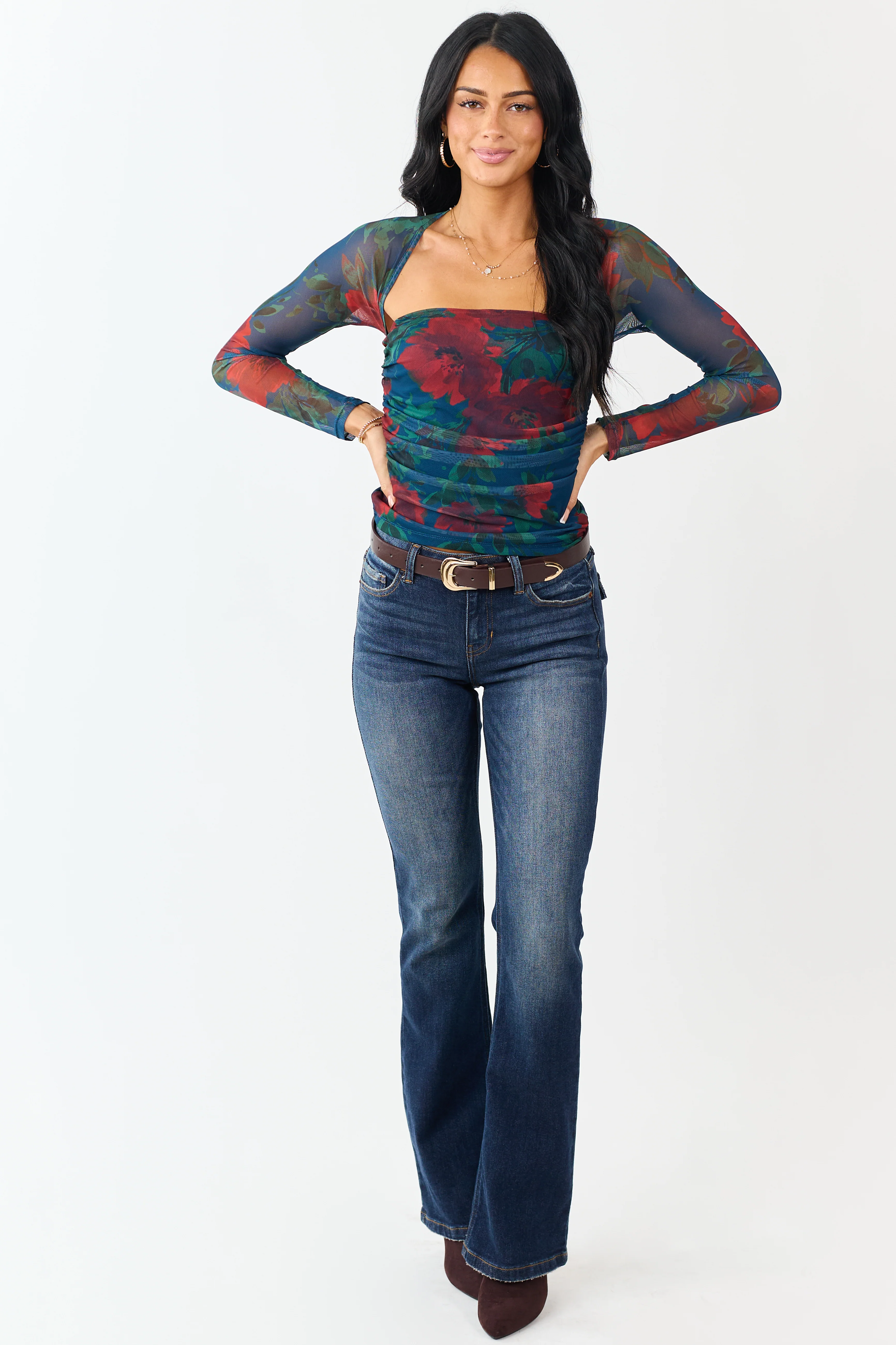 Cobalt Floral Print Long Sleeve Ruched Top - Image 4