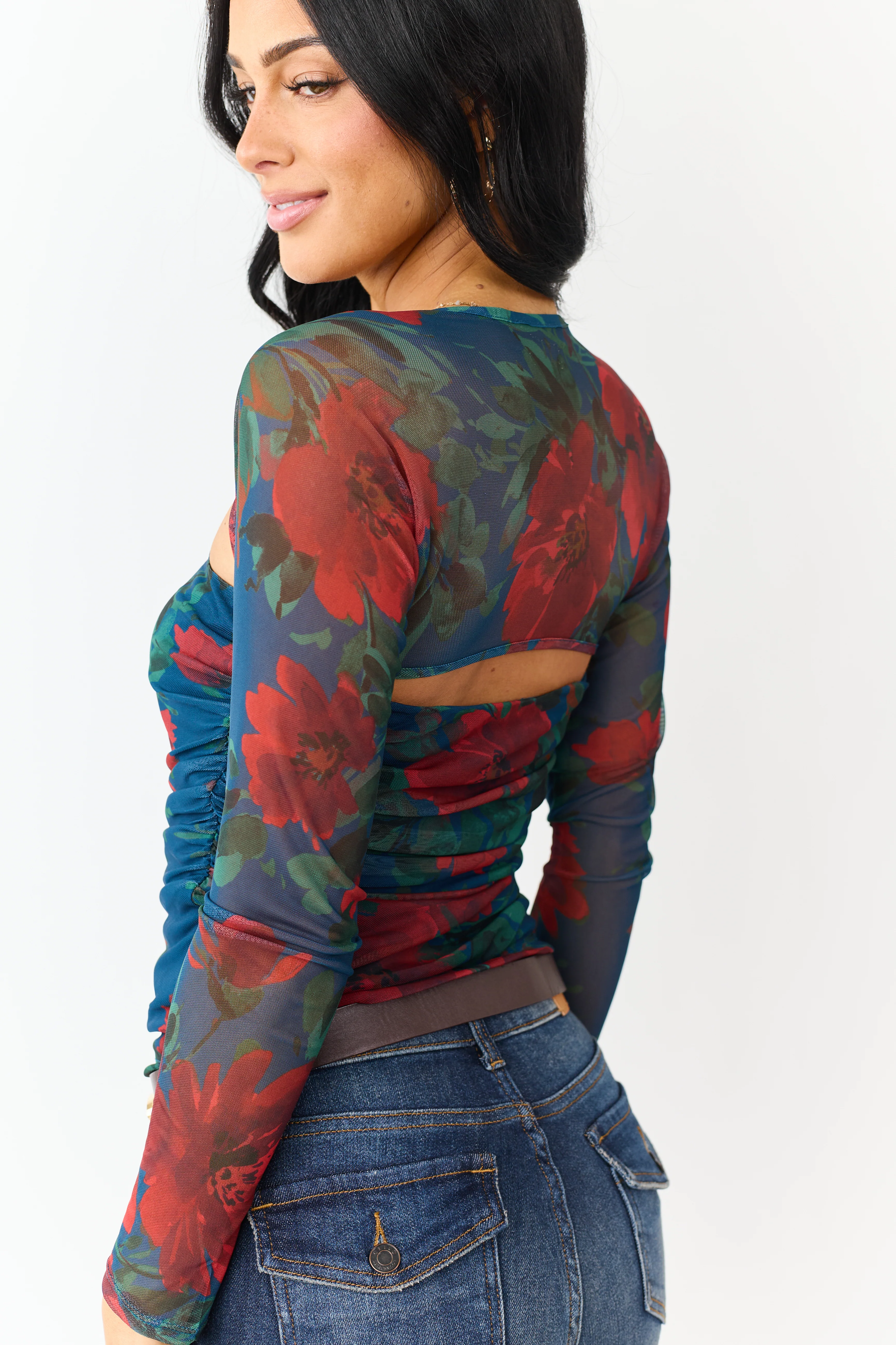 Cobalt Floral Print Long Sleeve Ruched Top - Image 7