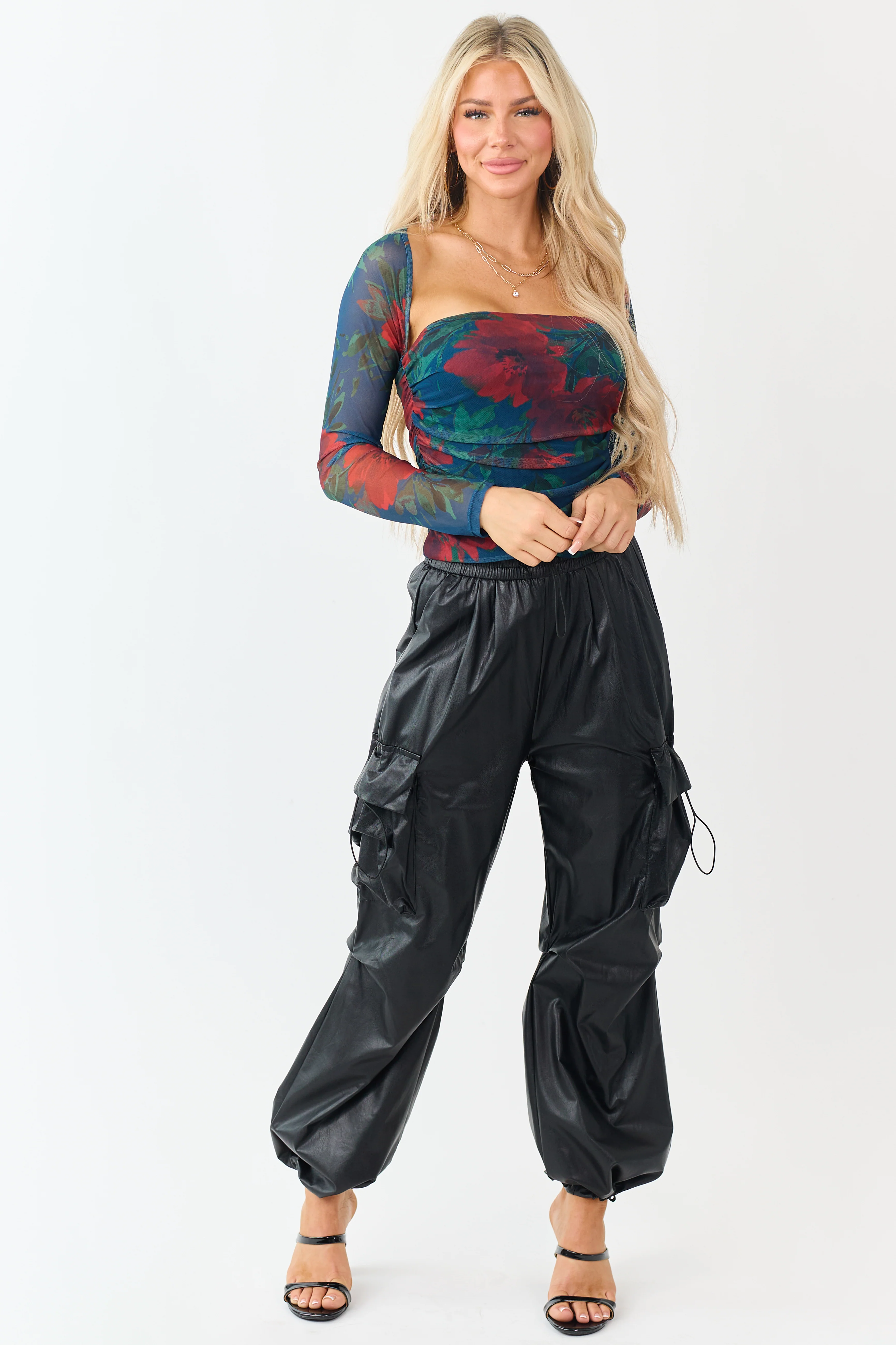 Cobalt Floral Print Long Sleeve Ruched Top - Image 8