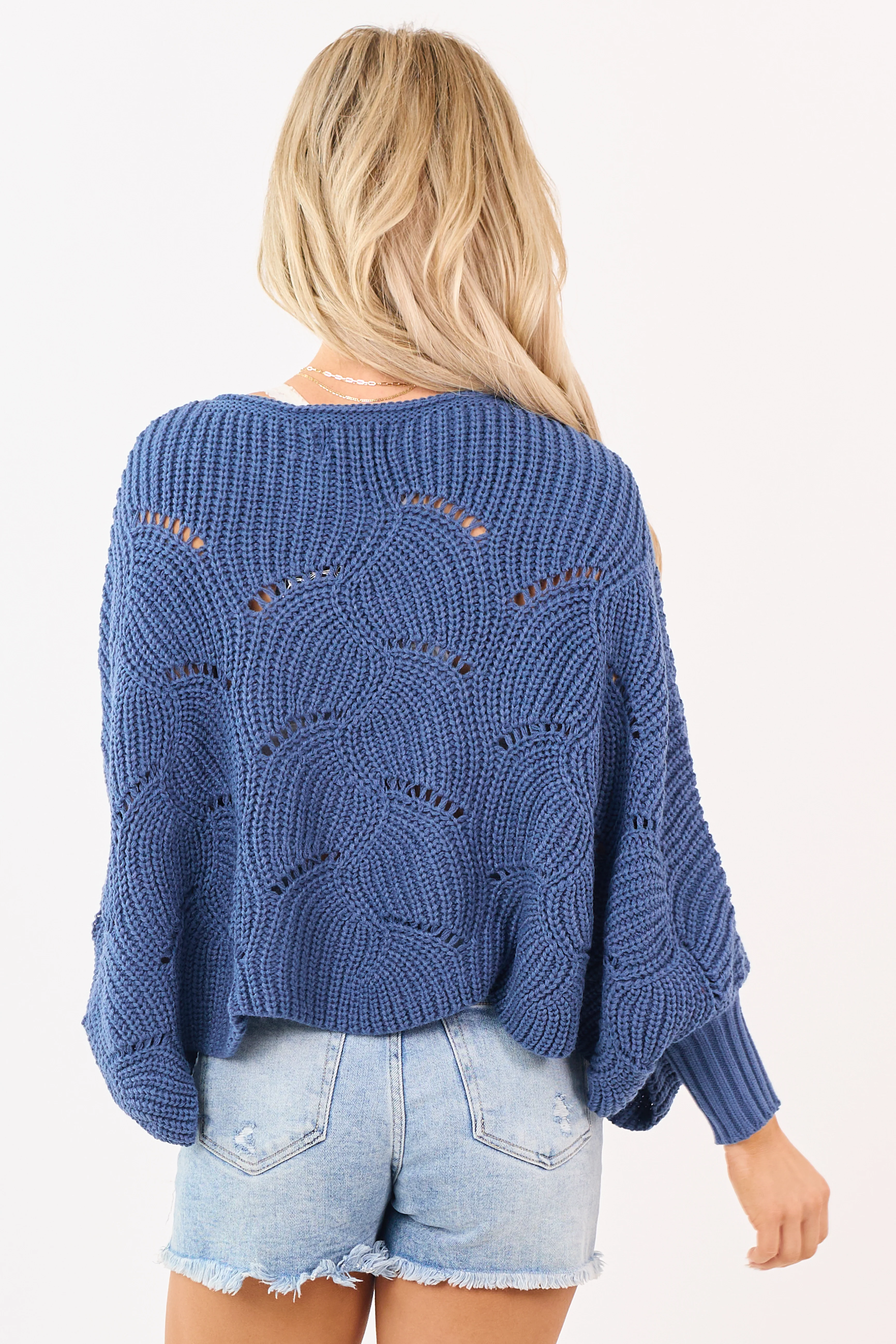 Cobalt Open Knit Dolman Sleeve Crop Sweater Poncho - Image 6