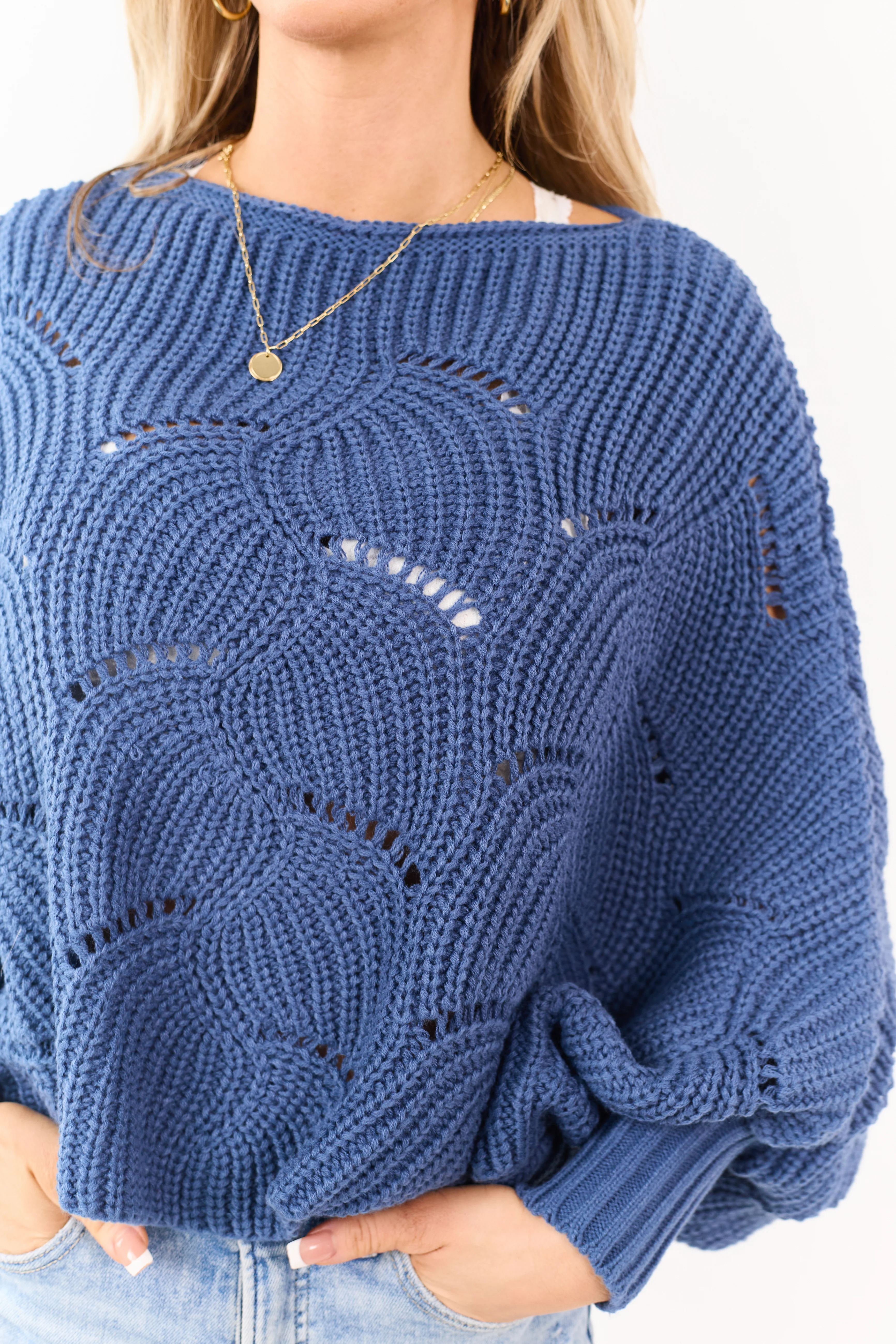 Cobalt Open Knit Dolman Sleeve Crop Sweater Poncho - Image 7